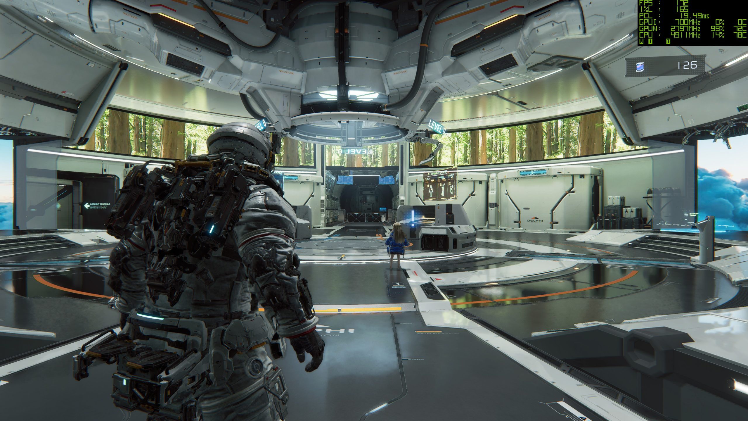 A character in futuristic armor stands inside a high-tech space station labeled 'DELPHI' with trees visible outside, and on-screen text displays 'FPS: 126' in the corner.