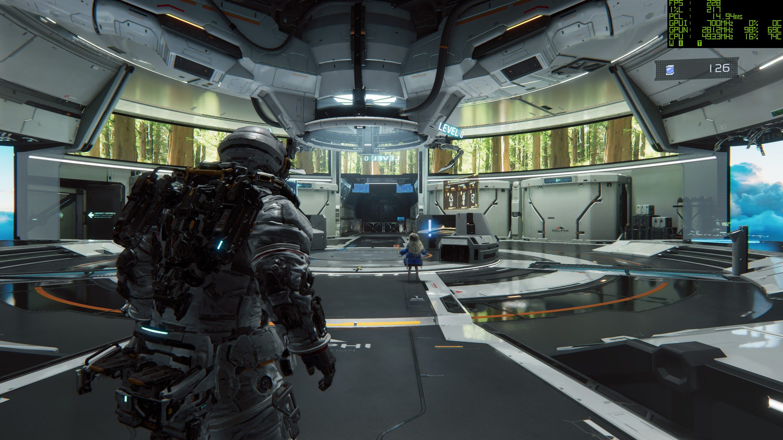 A character in a sci-fi suit explores a futuristic facility titled 'LEVEL 0' in a video game environment, with performance metrics showing GPU at 700 MHz and CPU at 4393 MHz.