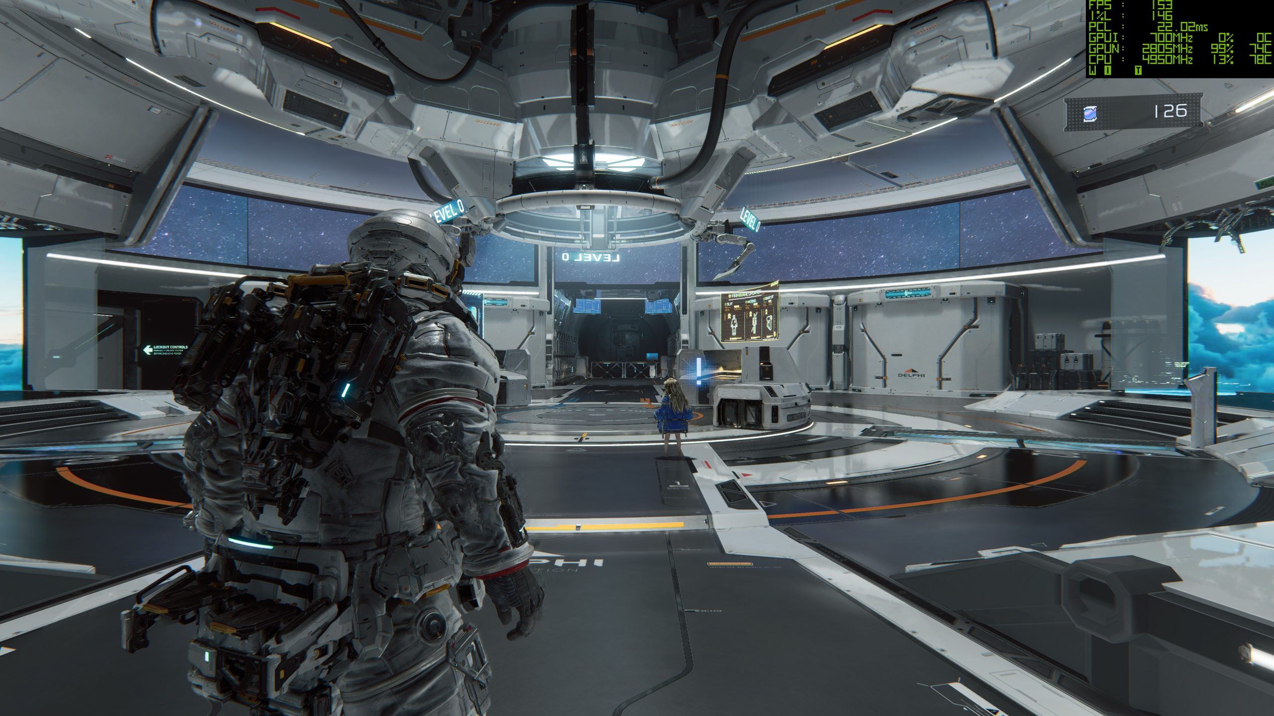 A character in a space suit stands in a futuristic space station labeled 'LEVEL 0,' with another figure in the distance and technical performance data displayed in the upper corner.