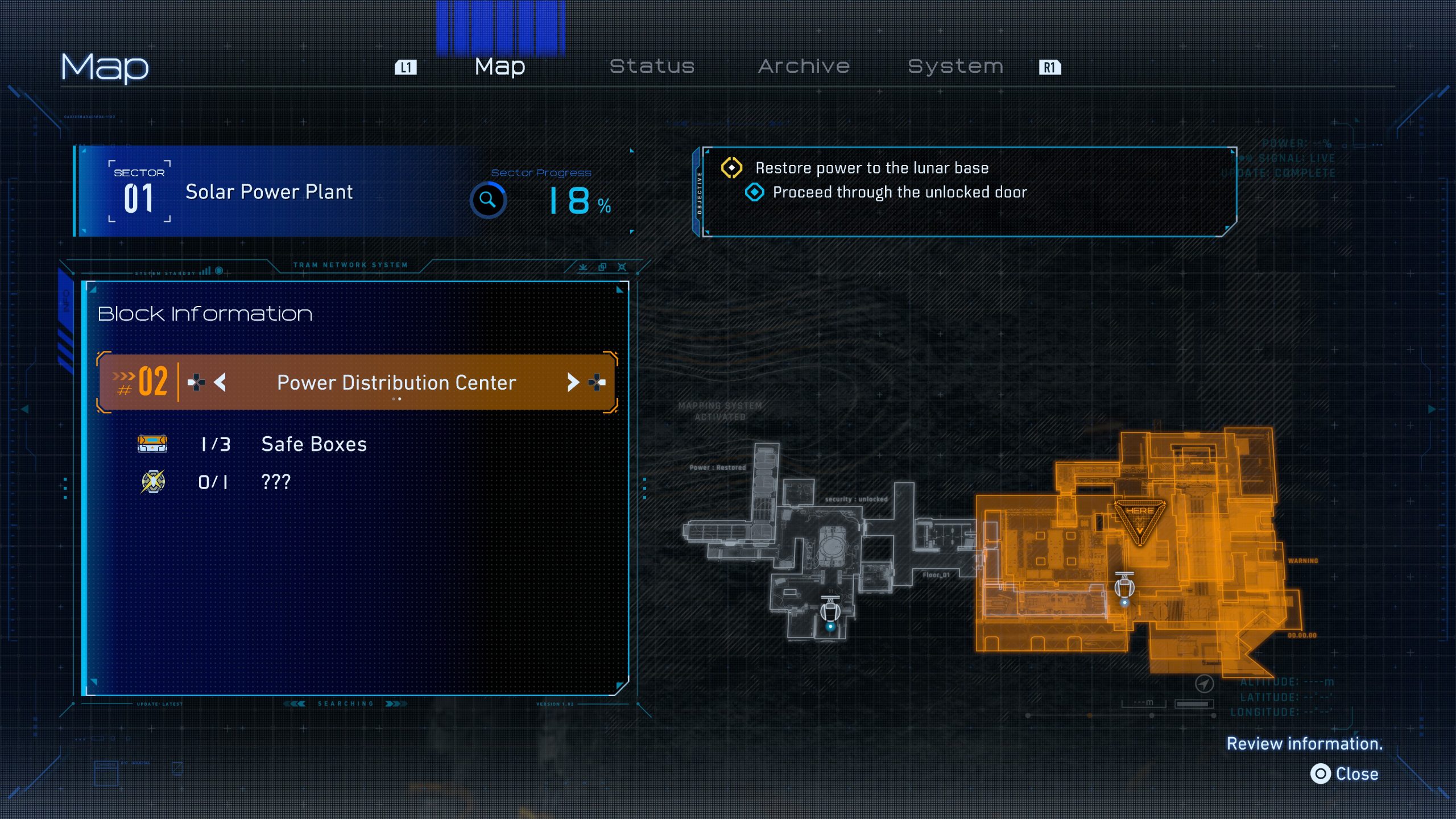 A PRAGMATA game map screen titled 'Solar Power Plant' shows the 'Power Distribution Center' with objectives to 'Restore power to the lunar base' and 'Proceed through the unlocked door.'