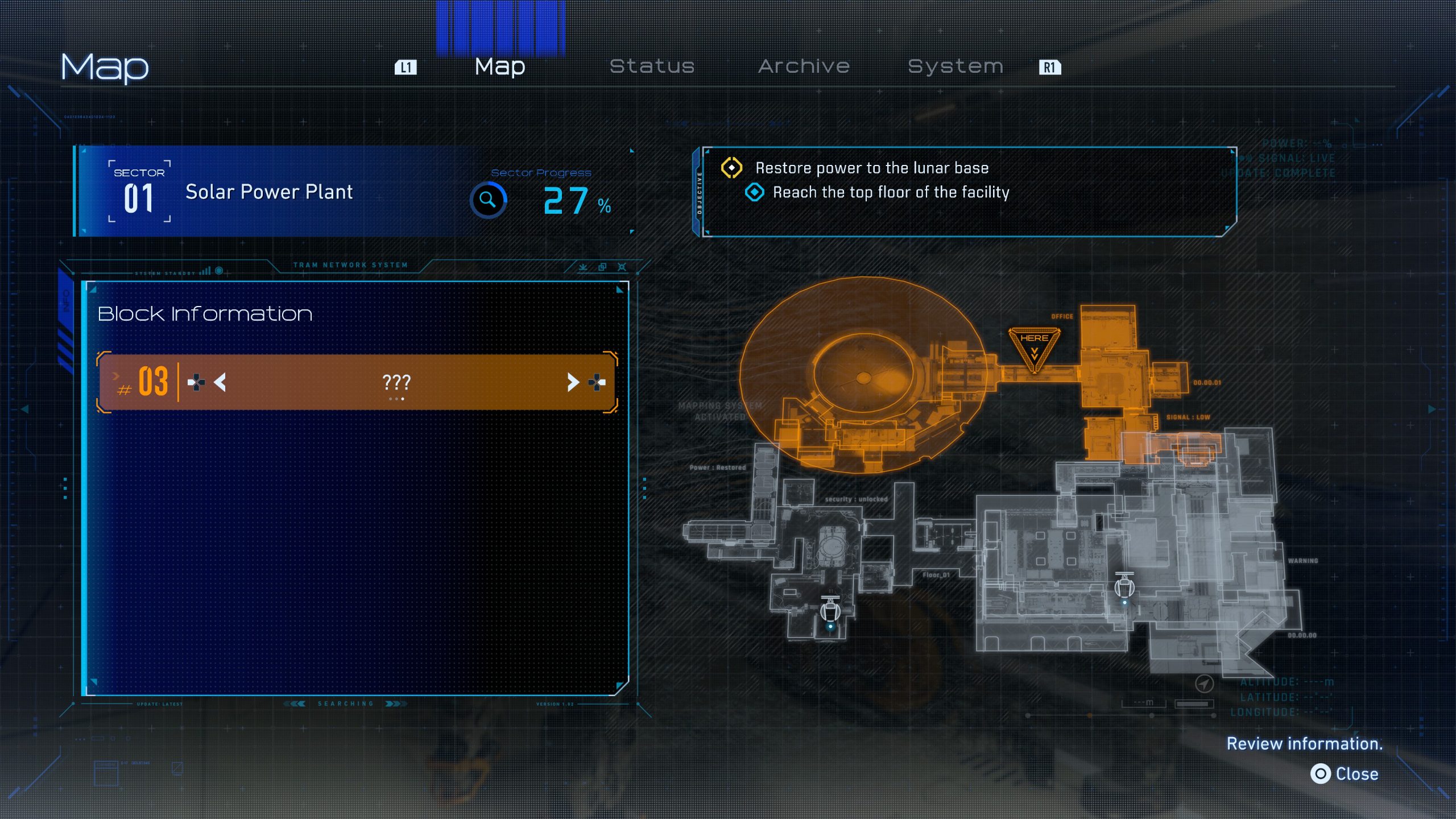 A PRAGMATA map screen from 'Sector 01 Solar Power Plant' shows progress at 27%, block information as '???,' and objectives to 'Restore power to the lunar base' and 'Reach the top floor of the facility.'