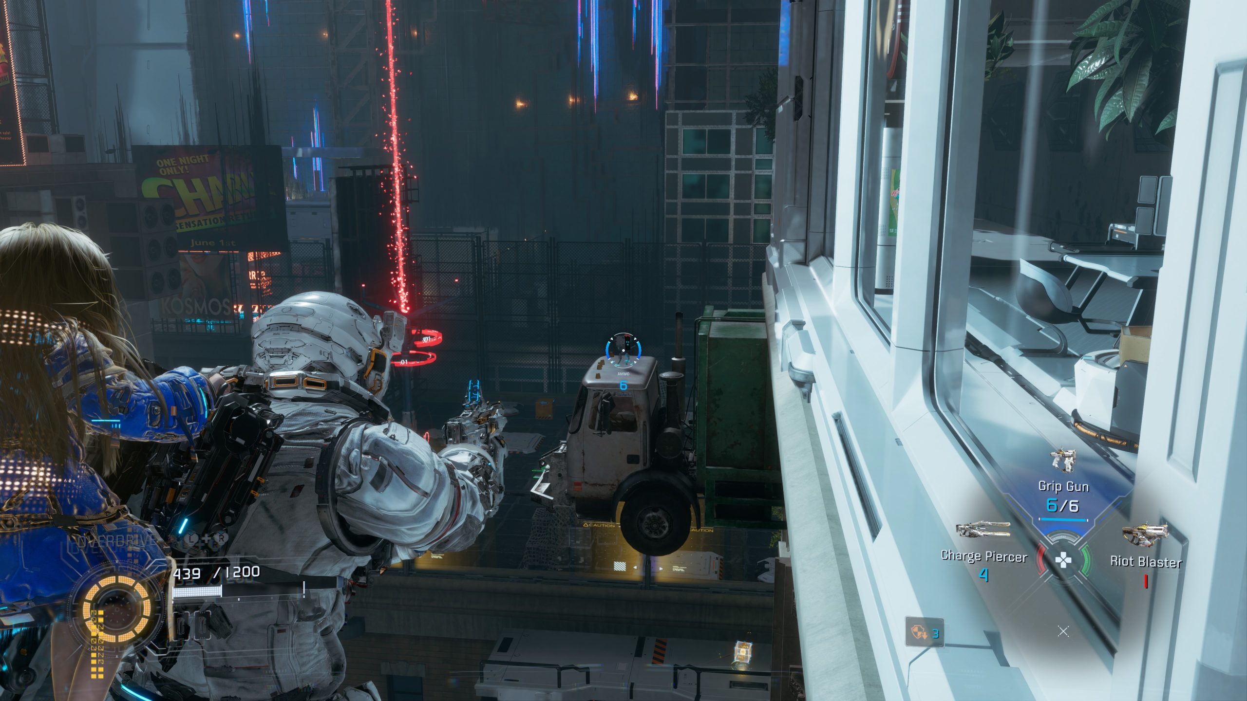 A PRAGMATA game scene shows a character in high-tech armor aiming a weapon at a drone while HUD displays 'Grip Gun 6/6' and options for 'Charge Piercer' and 'Riot Blaster,' with a cityscape background featuring neon lights.