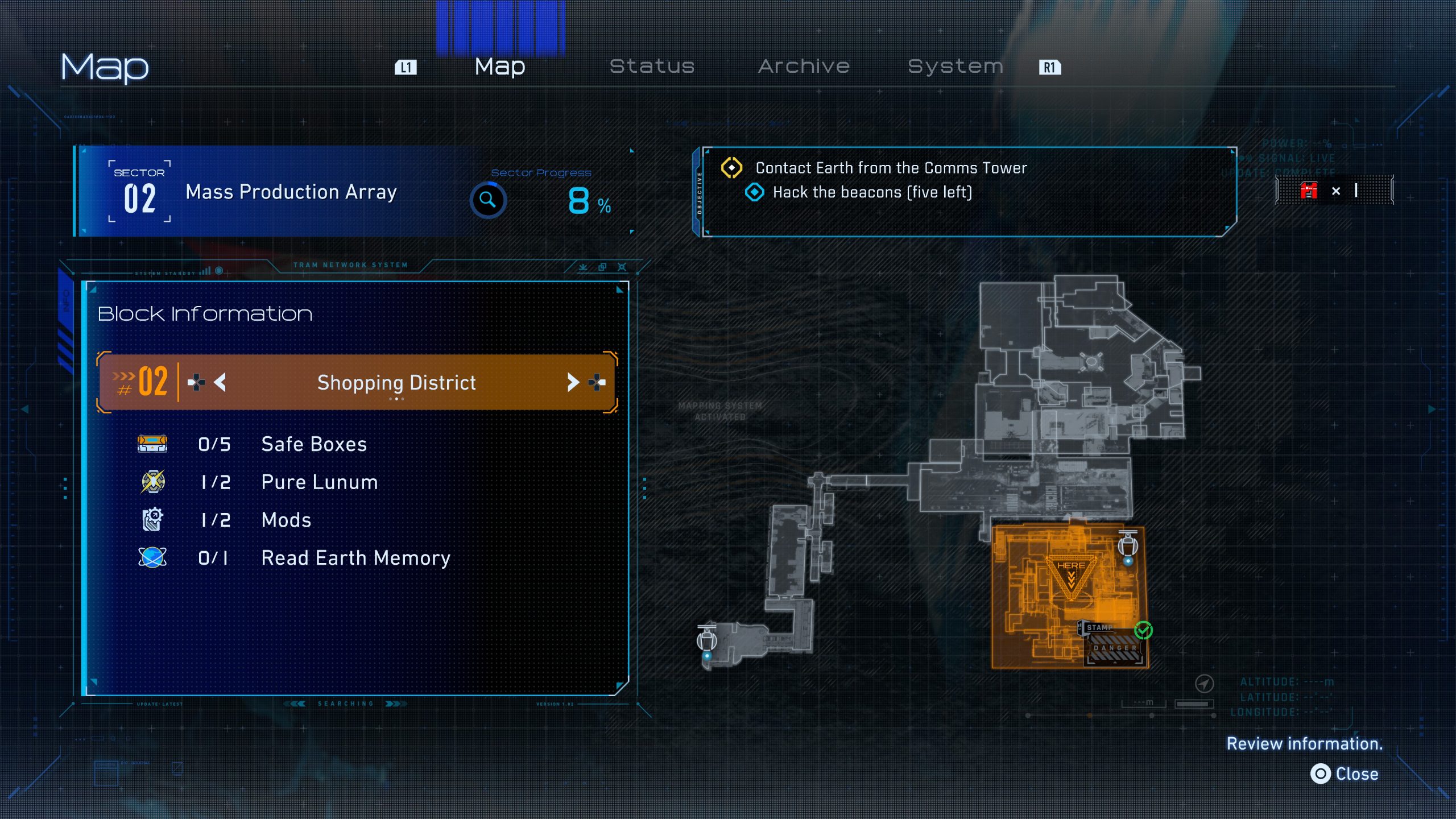 The game map screen shows 'Sector 02 Mass Production Array' with a detailed layout, shopping district information, and mission objectives including 'Contact Earth from the Comms Tower.'