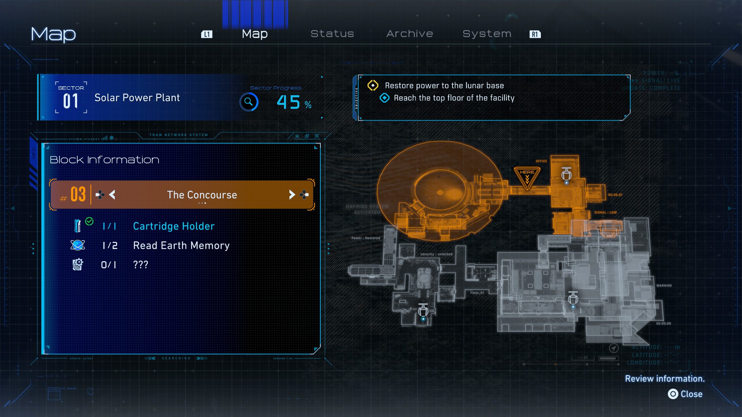 A PRAGMATA game map screen displays sector 01 Solar Power Plant with 'The Concourse' block information, showing a 45% sector progress and tasks to Restore power to the lunar base and Reach the top floor of the facility.