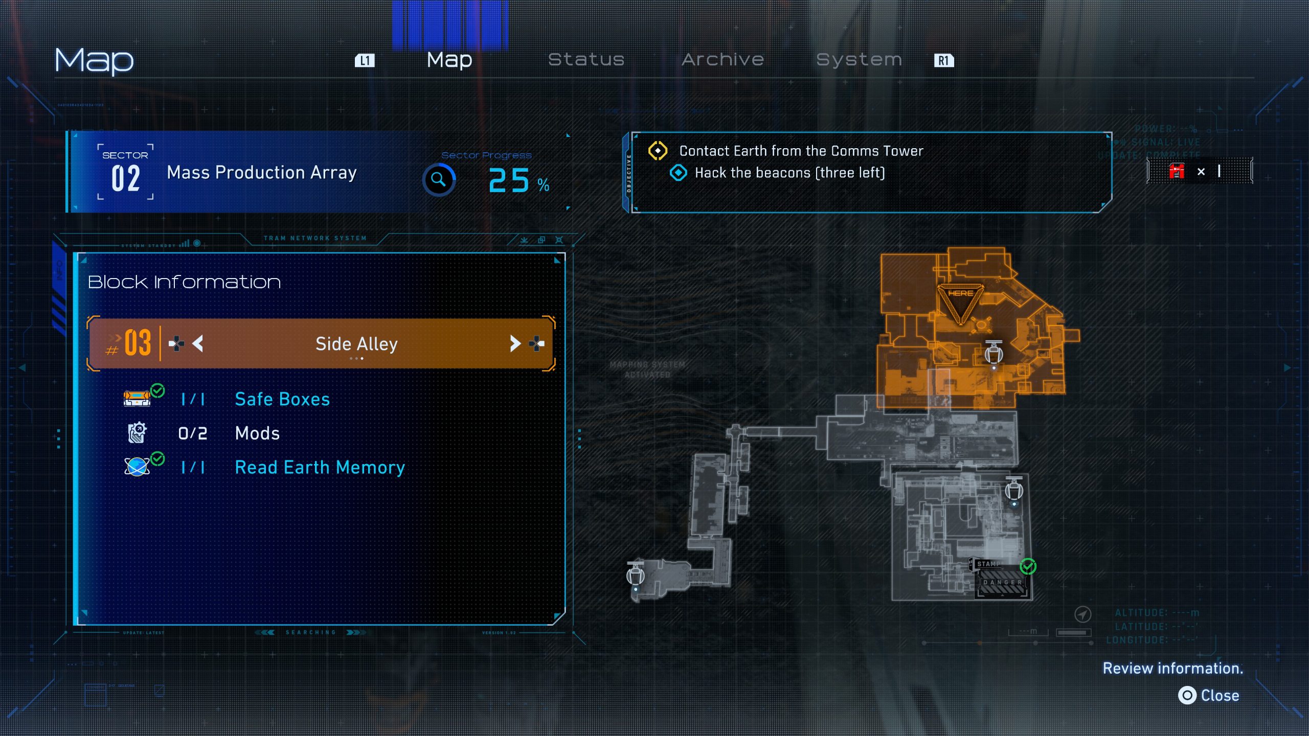 A game map screen showing 'Sector 02' labeled 'Mass Production Array' with a highlighted area labeled 'Side Alley' and tasks including 'Contact Earth from the Comms Tower' and 'Hack the beacons (three left)'.