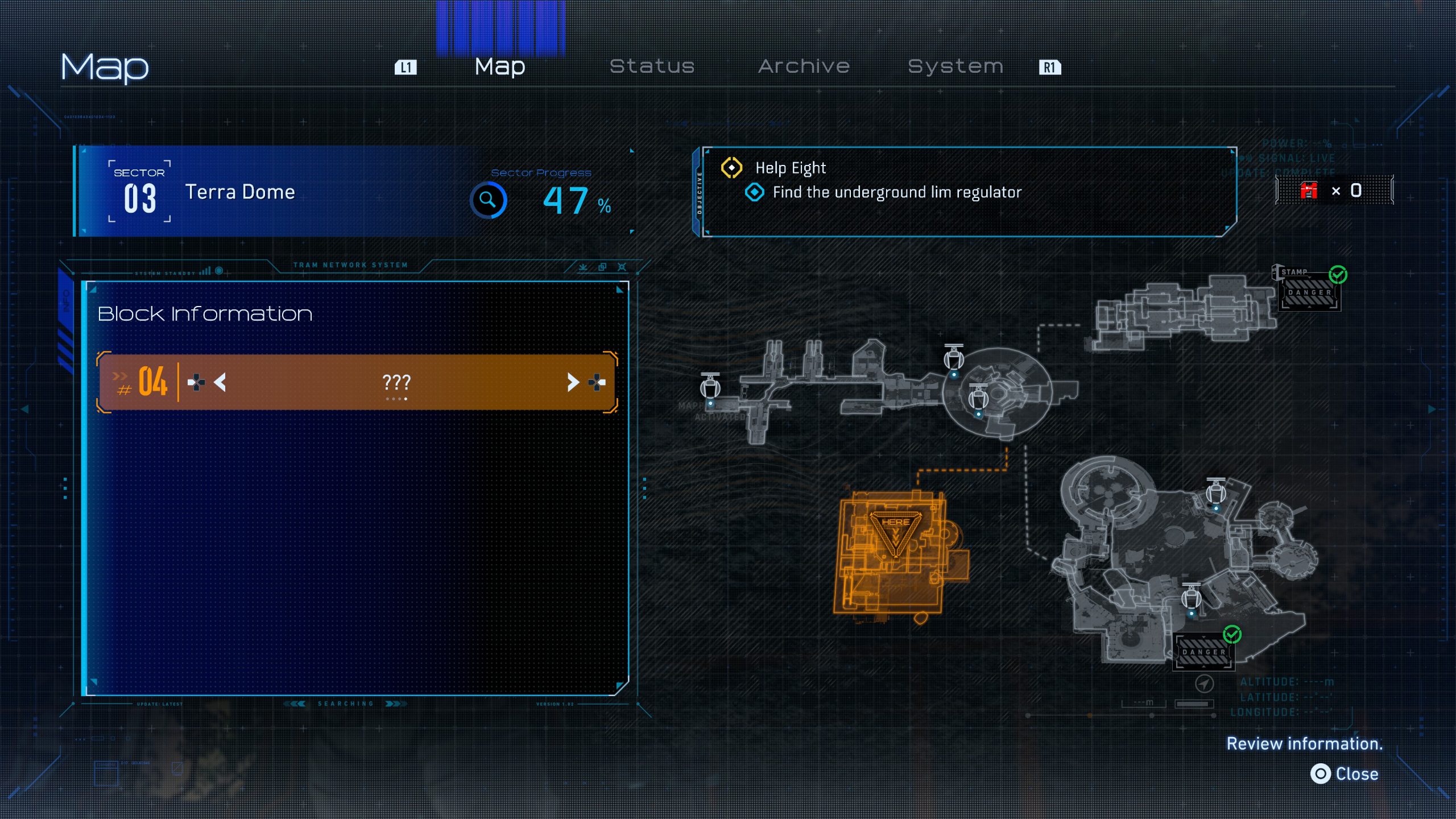 The map screen from game shows 'Sector 03 Terra Dome' with a progress of 47%, a highlighted objective 'Help Eight: Find the underground lim regulator,' and detailed block information with an orange marker labeled '04 ???'.