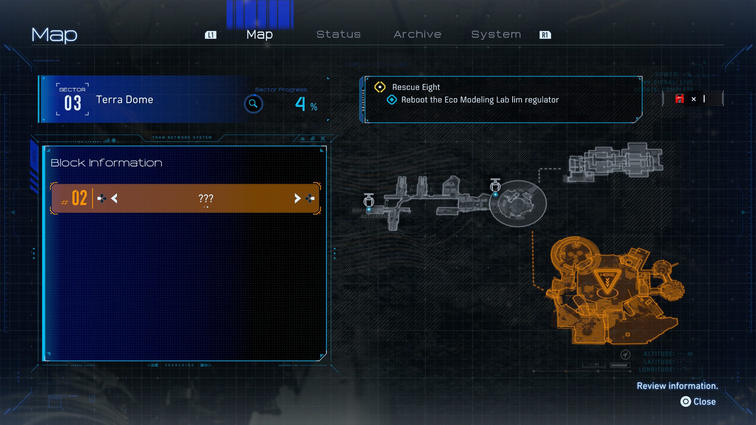 A screenshot from a game map interface shows 'Sector 03 Terra Dome' with a progress of '4%', a task listed as 'Rescue Eight,' and a highlighted block information labeled '#02 ???' alongside a detailed sector layout.