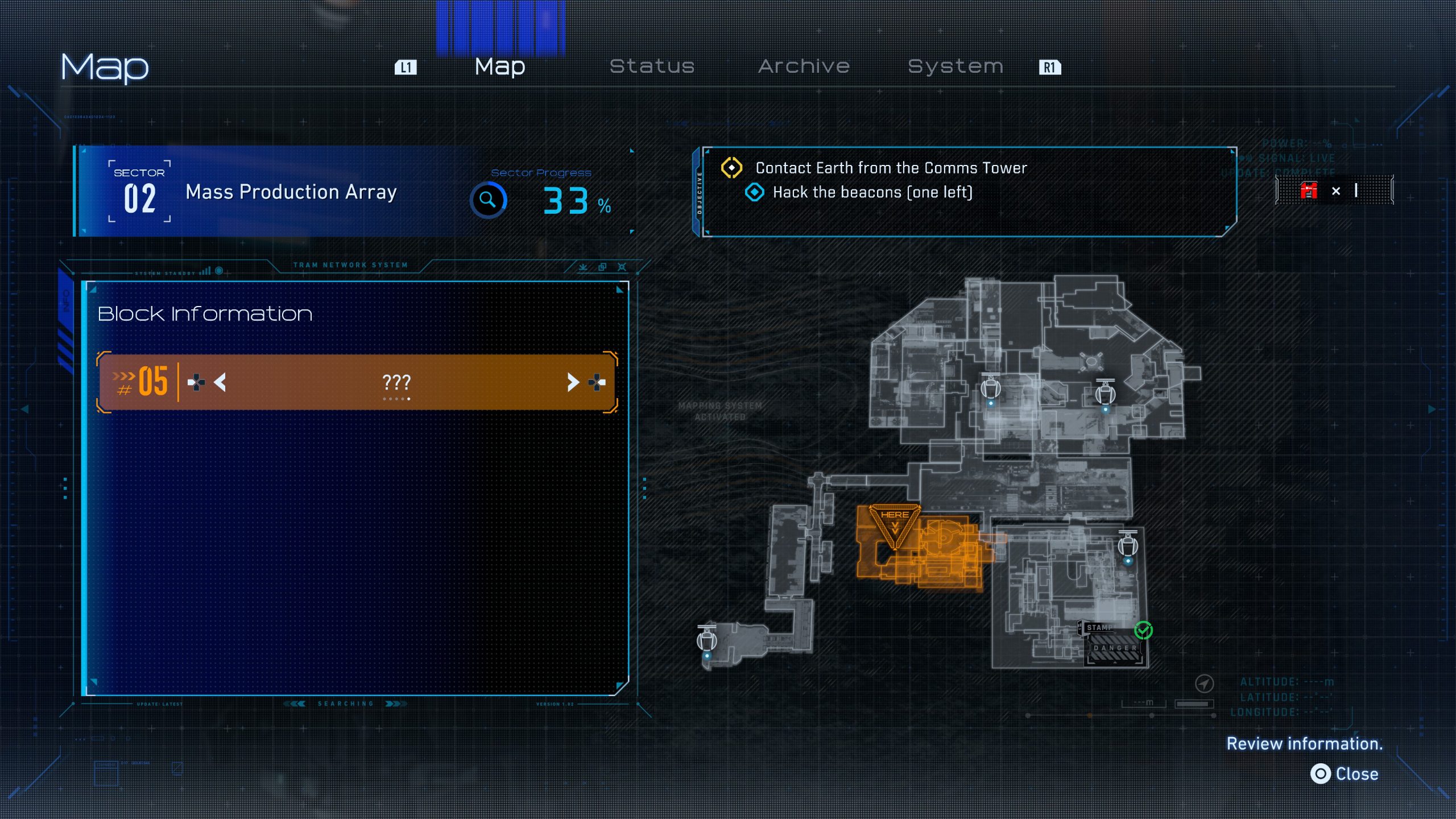 A PRAGMATA game map screen displays 'Sector 02: Mass Production Array' with a 'Sector Progress' of 33% and objectives to 'Contact Earth from the Comms Tower' and 'Hack the beacons (one left).'