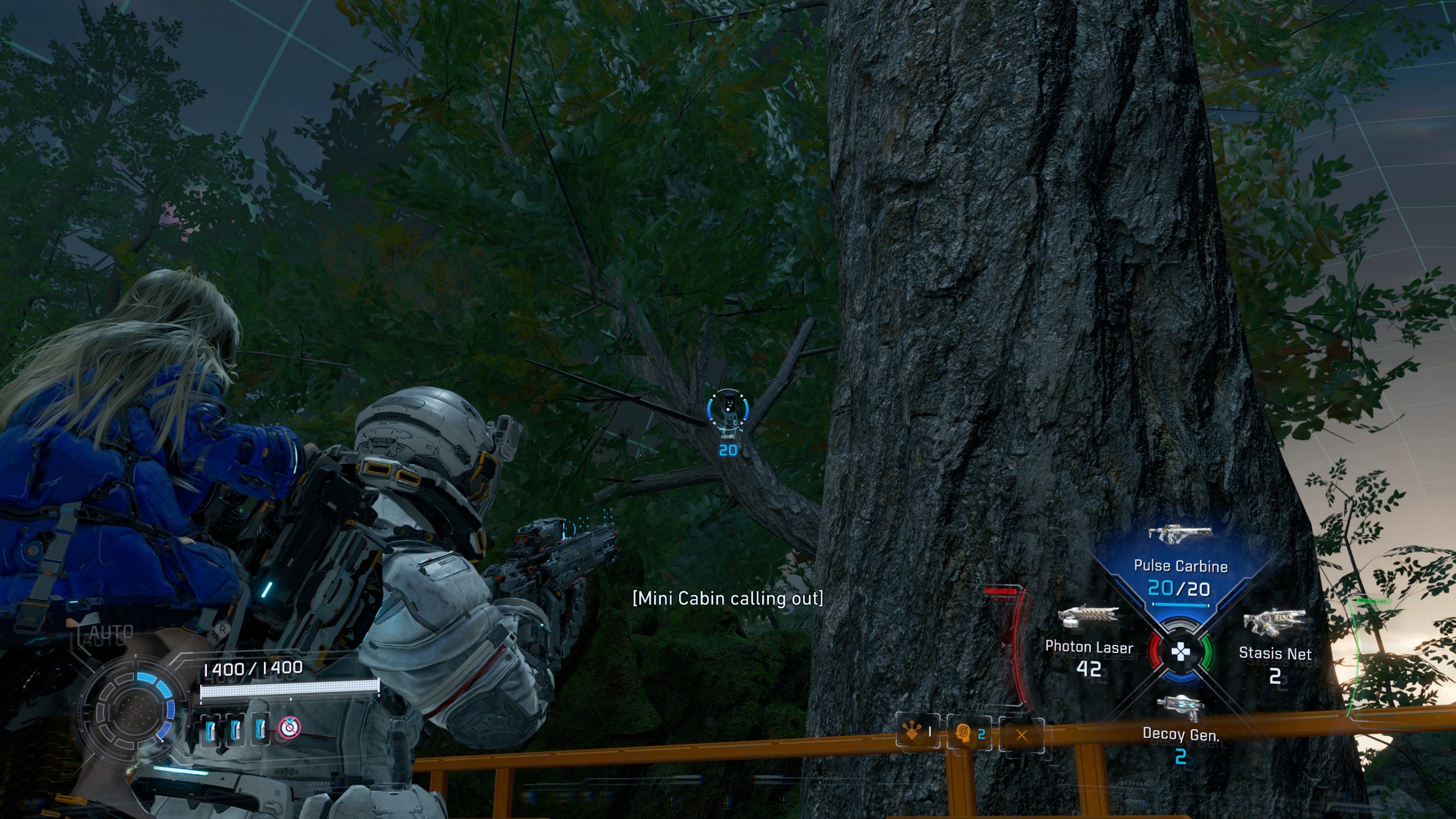 A scene from the game PRAGMATA showing a character aiming a 'Pulse Carbine' with an on-screen prompt reading '[Mini Cabin calling out]'.