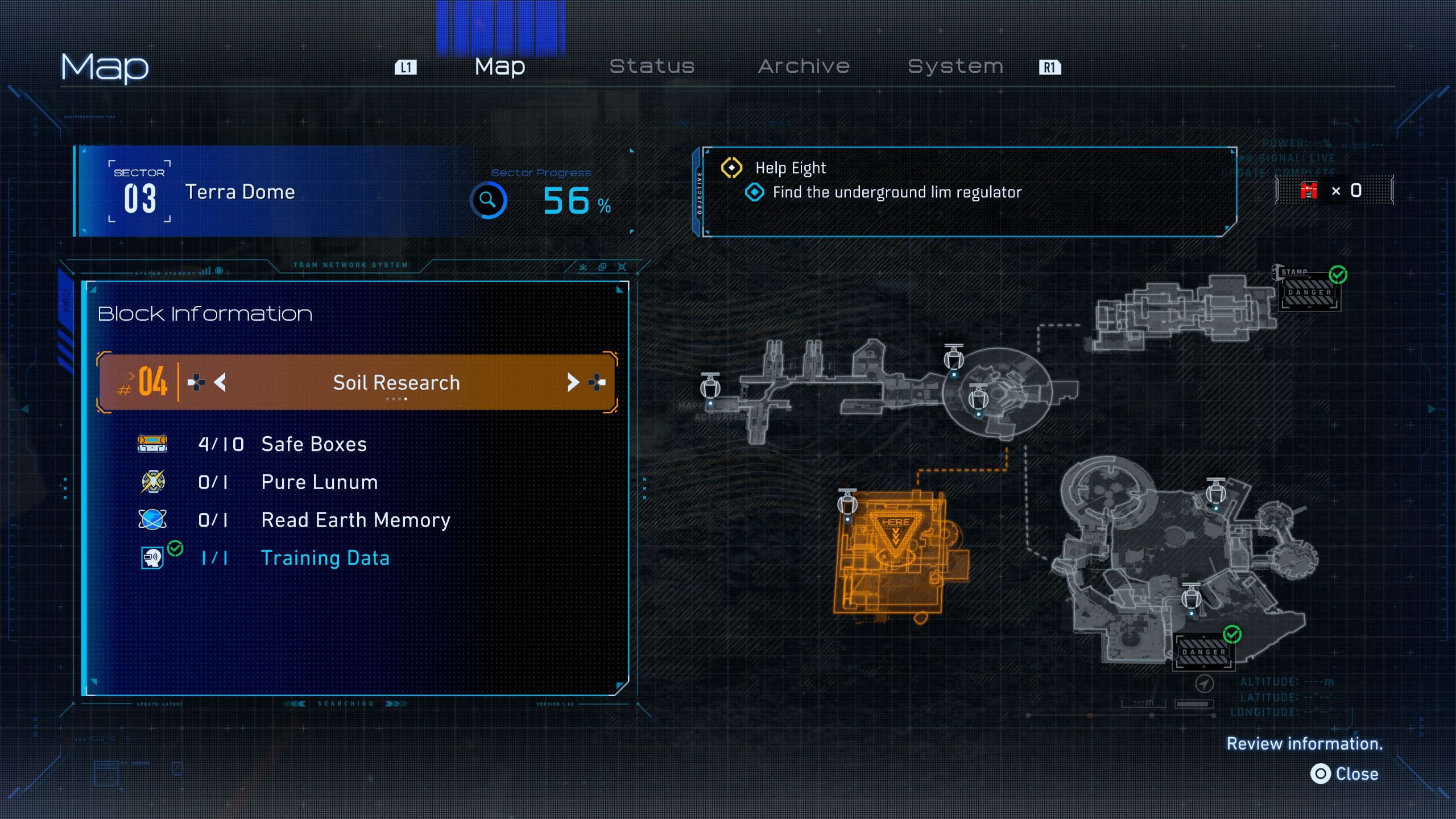 A game map screen Sector 03 Terra Dome shows 'Block Information' for Soil Research, with goals for collecting 'Safe Boxes,' 'Pure Lunum,' and 'Read Earth Memory,' alongside a side quest to 'Find the underground lim regulator.'