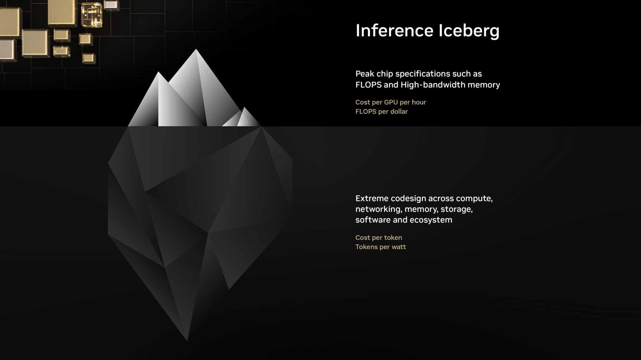 Graphique « Inference Iceberg » : au-dessus, les spécifications puce (FLOPS par euro), en dessous, les couches de calcul, mémoire et logiciel qui conditionnent le coût par token.
