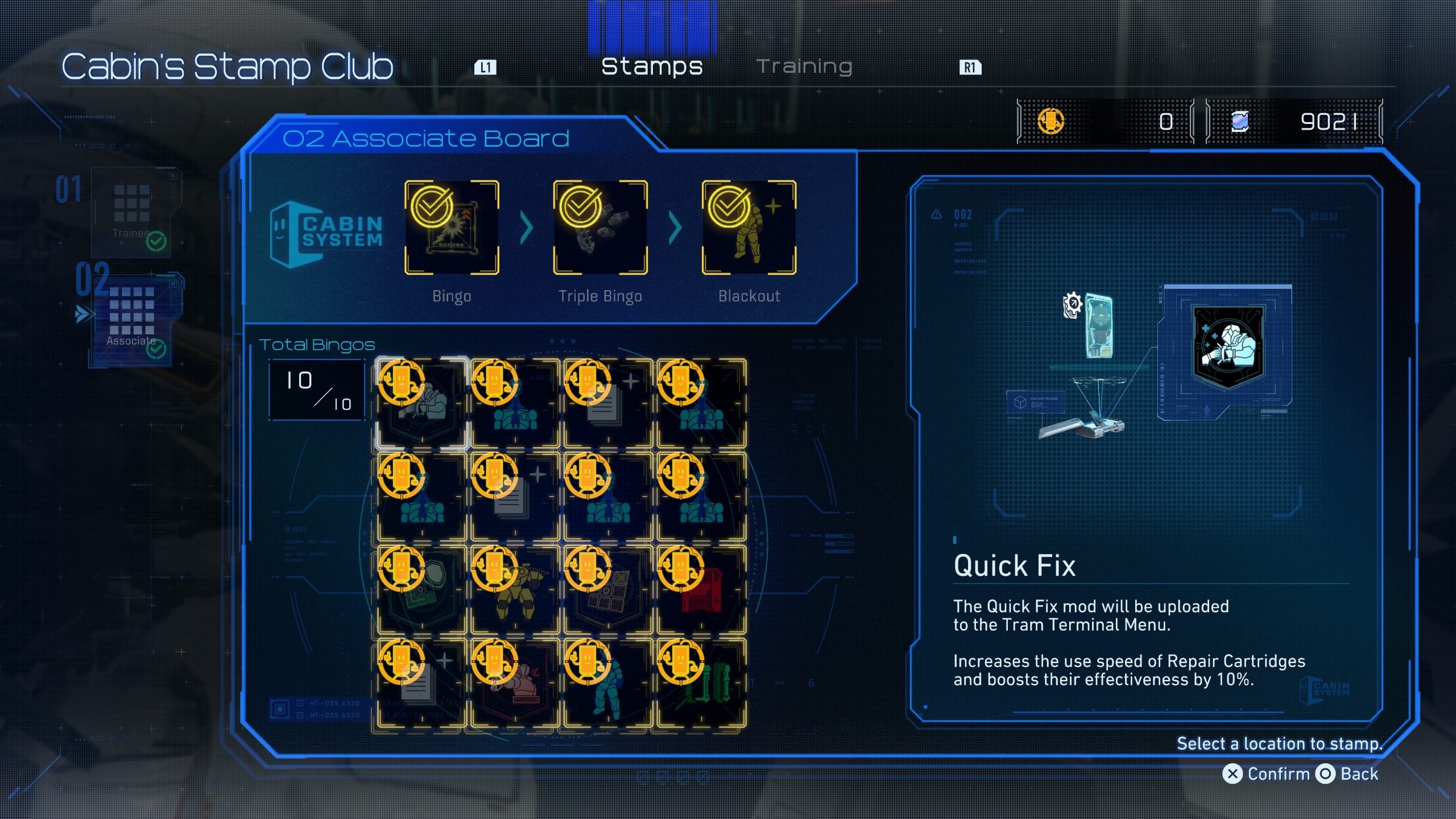 The image shows a PRAGMATA 'Cabin's Stamp Club' interface in a game, featuring the 'O2 Associate Board' with 'Total Bingos 10/10' and a description of the 'Quick Fix' mod, which increases the speed and effectiveness of Repair Cartridges.
