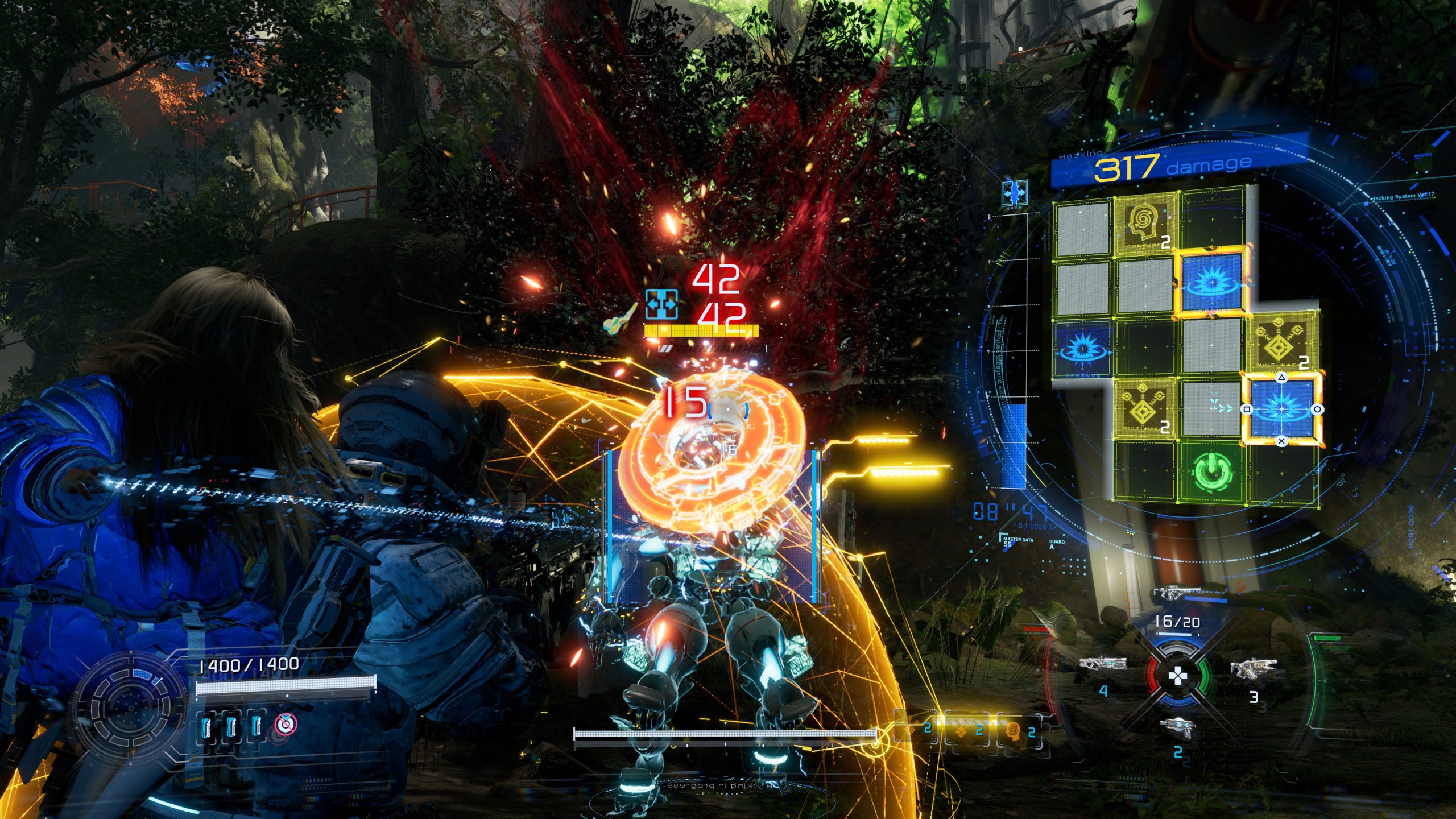 Two characters in PRAGMATA battle a robotic enemy in a forest environment, with dynamic damage indicators and a hacking interface showing a grid pattern on the screen.