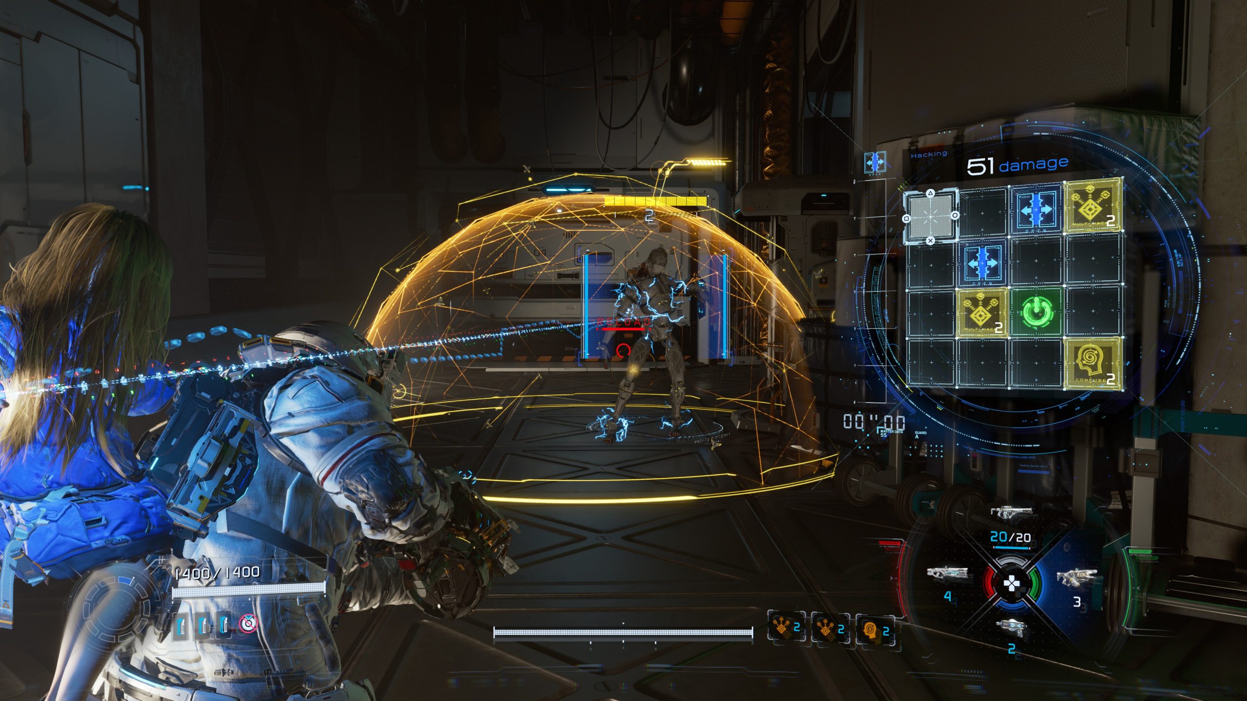 A character in PRAGMATA engages in combat, using a shield against an enemy, with an on-screen interface showing '51 damage' and a hacking grid.