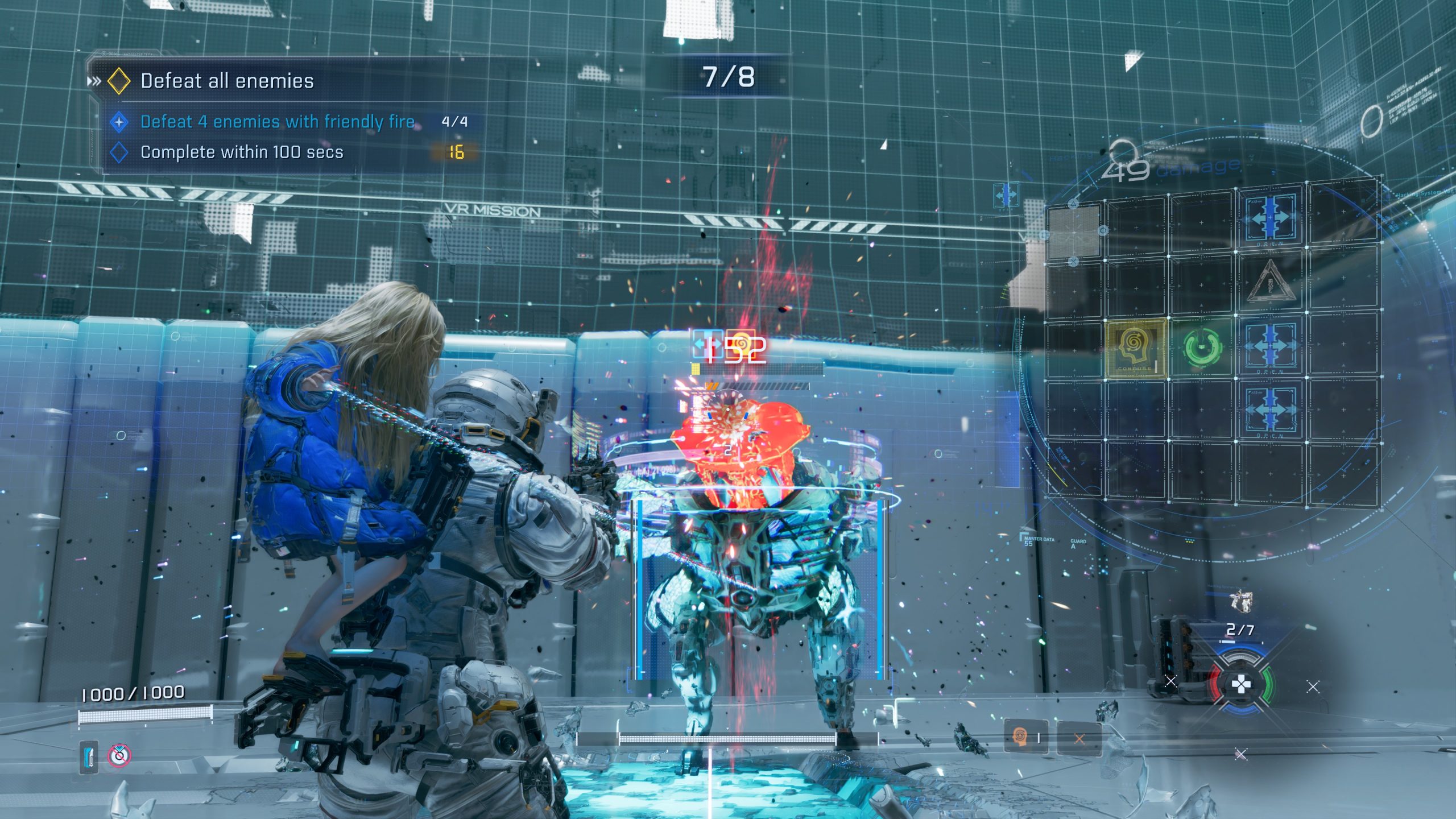A character in PRAGMATA engages in combat against an enemy robot with objectives displayed as 'Defeat all enemies,' 'Defeat 4 enemies with friendly fire,' and 'Complete within 100 secs.'