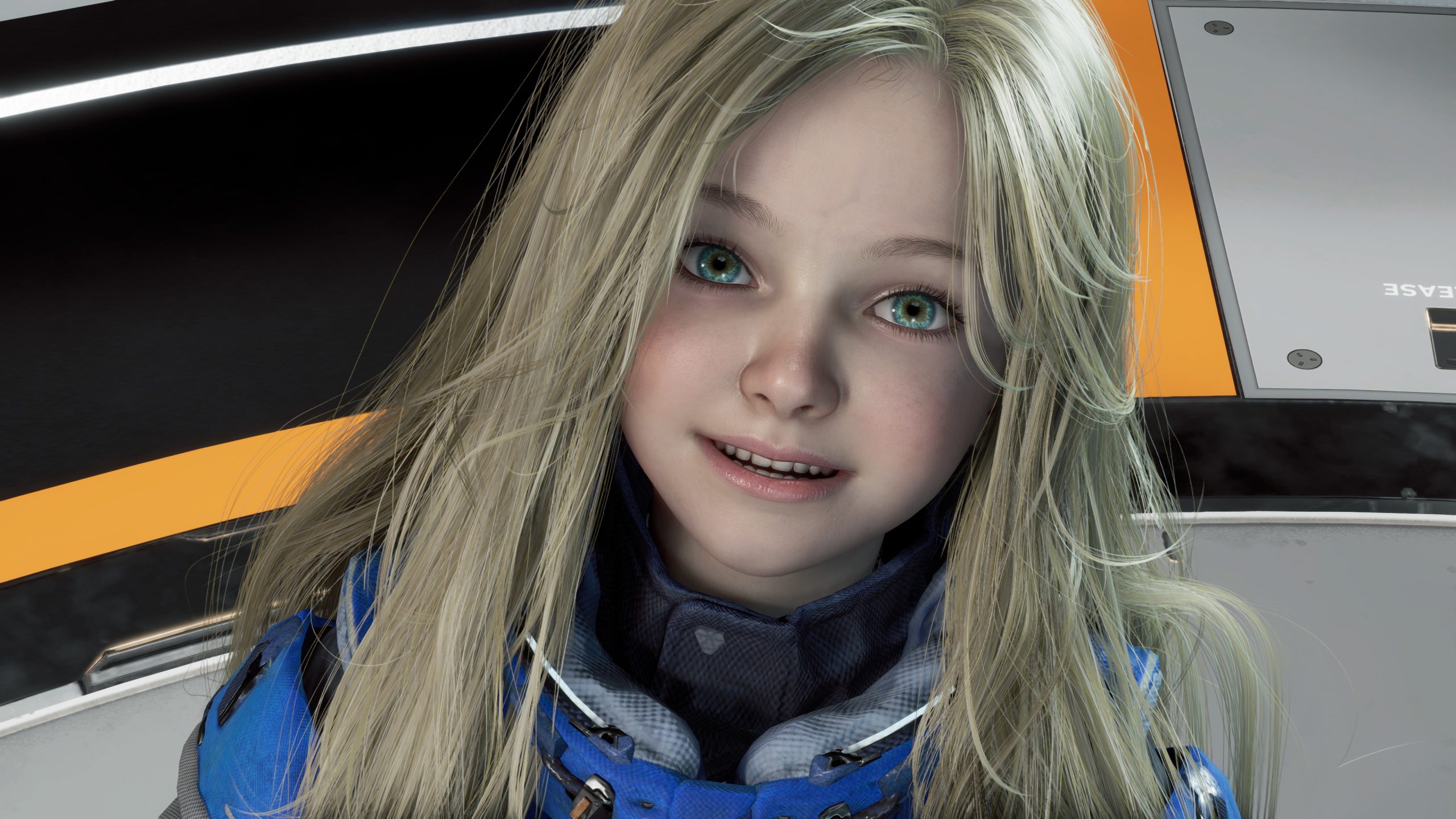 Personnage 3D aux longs cheveux blonds et tenue bleue souriant sur fond futuriste.