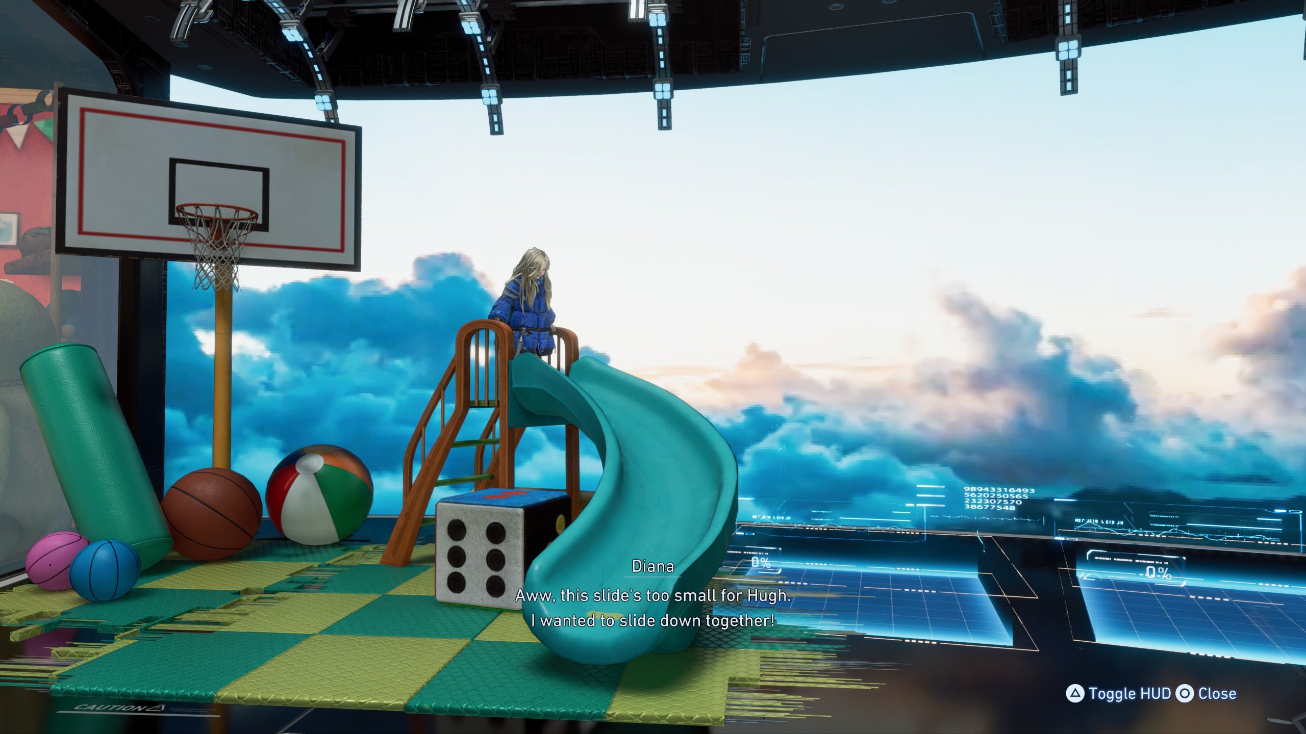 Diana dans PRAGMATA se tient sur un petit toboggan dans un décor futuriste. Dialogue à l’écran : « Oh, ce toboggan est trop petit pour Hugh. Je voulais glisser avec lui ! »