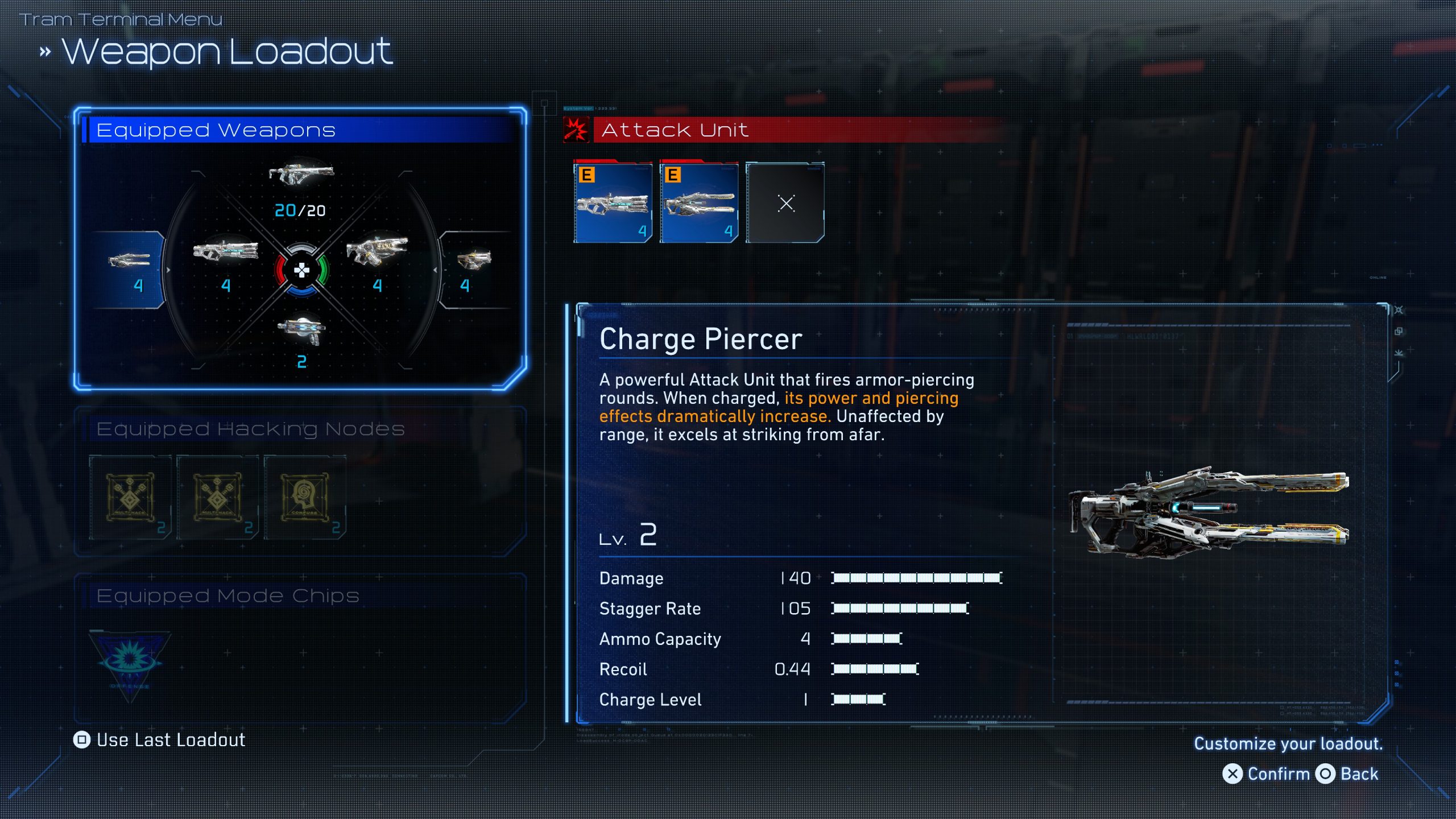 Interface de PRAGMATA affichant le menu « Weapon Loadout » avec le « Charge Piercer », une unité d’attaque et ses statistiques (Dégâts: 140, Capacité de munitions: 4).