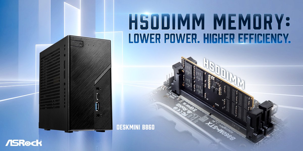 The image shows an ASRock DeskMini B860 with text promoting 'HSODIMM Memory: Lower Power. Higher Efficiency.'