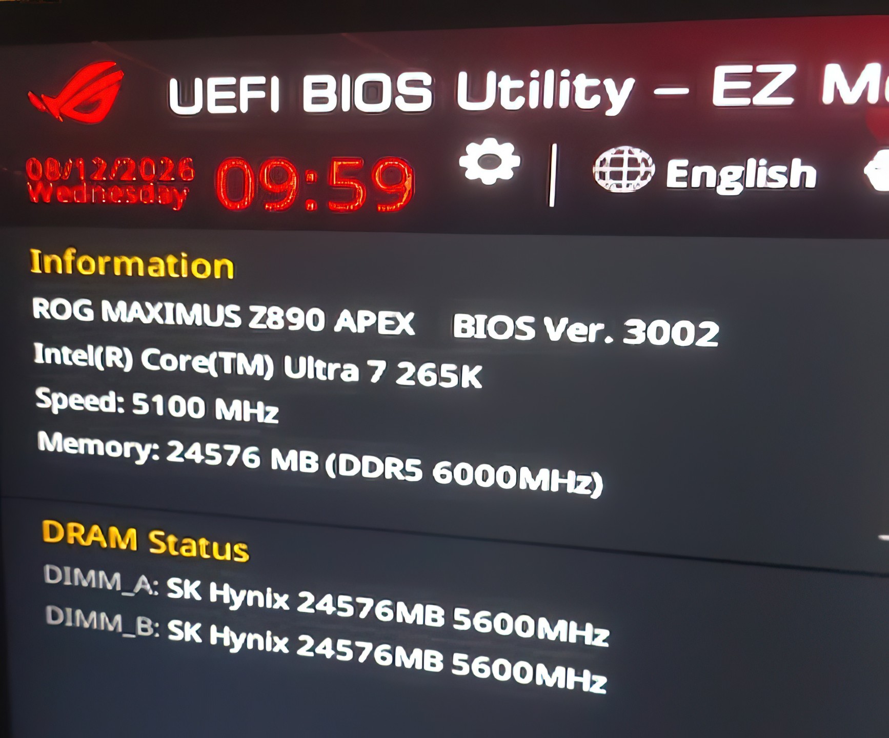A screen showing 'UEFI BIOS Utility' for an ROG Maximus Z890 Apex with Intel Core Ultra 7 265K at 5100 MHz and 24576 MB DDR5 6000MHz memory, alongside SK Hynix DRAM status of 24576MB 5600MHz.
