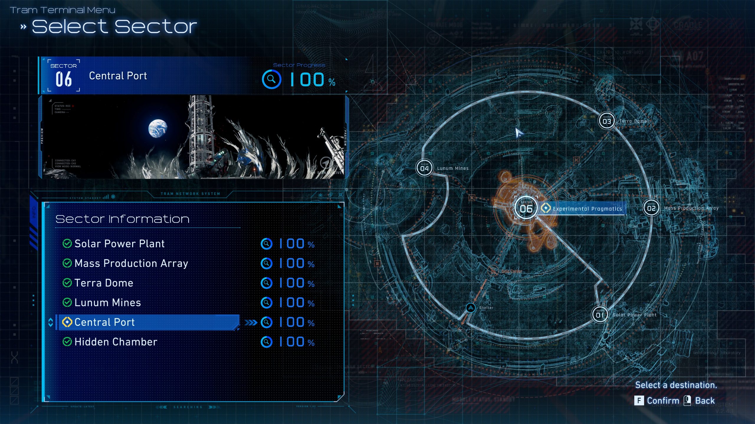 A screen from a PRAGMATA game interface shows a tram terminal menu with the option to 'Select Sector,' highlighting 'Central Port' with a sector progress of '100%' and options like Solar Power Plant and Mass Production Array.