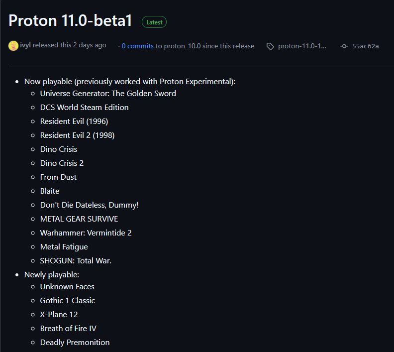A list titled 'Proton 11.0-beta1' shows games now playable, including 'Universe Generator: The Golden Sword' and new additions like 'Unknown Faces' and 'Gothic 1 Classic.'