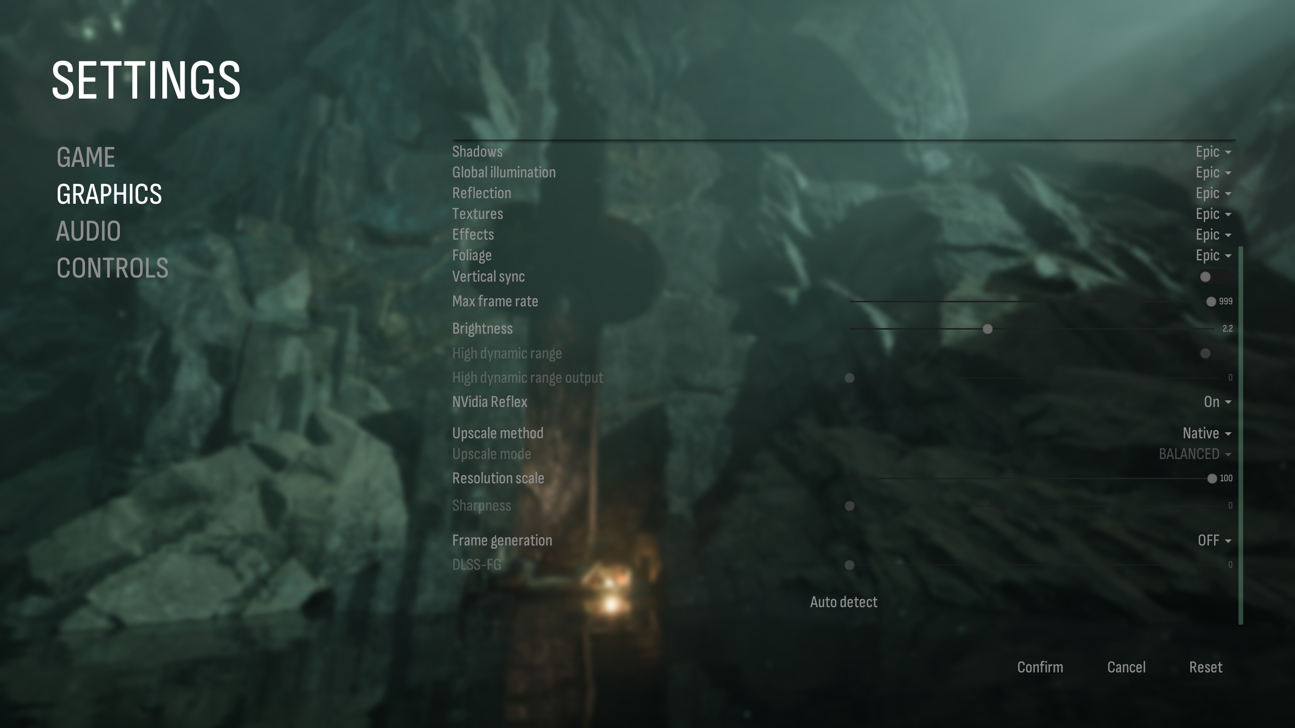 The graphics settings menu for a game shows all options set to 'Epic,' with 'NVIDIA Reflex' set to 'On' and 'Frame generation' set to 'Off.'