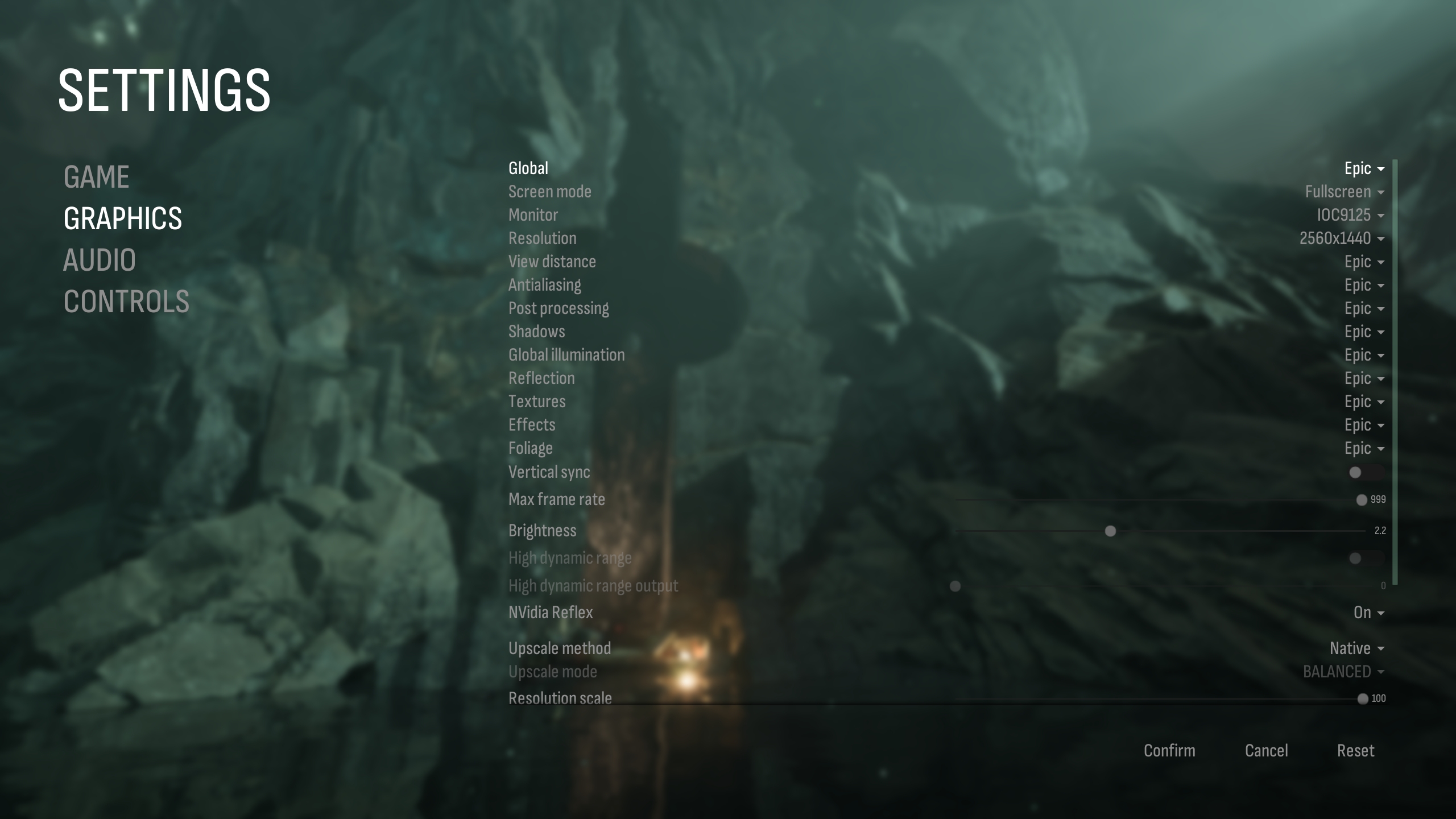 The graphics settings menu in a game displays options with most settings set to 'Epic' resolution at '2560x1440', and 'NVIDIA Reflex' set to 'On'.