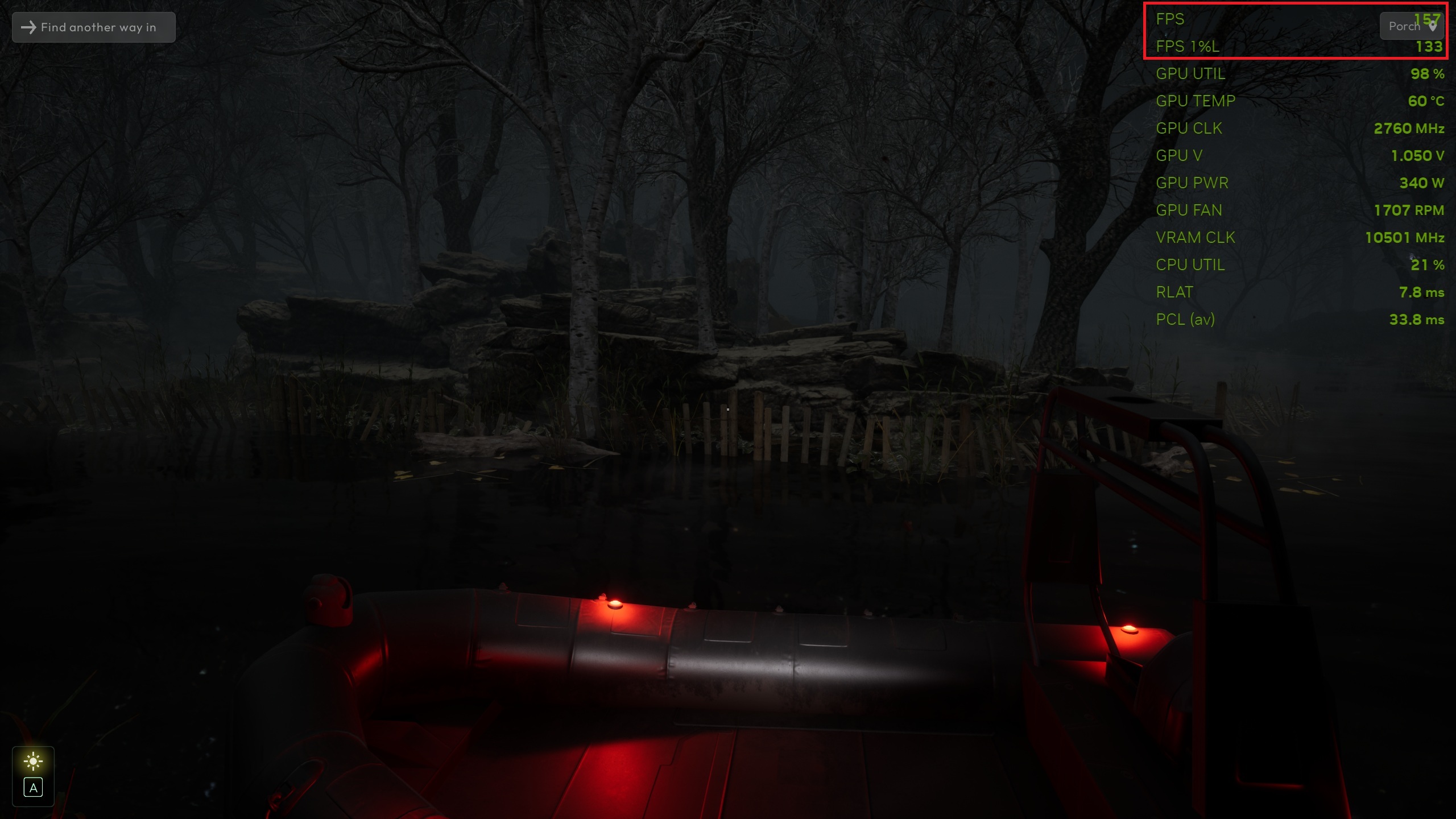 A dark forest scene from a video game shows a rowboat with red lights, displaying game performance stats including 'FPS 57' and 'FPS 1%L 133' on the screen.