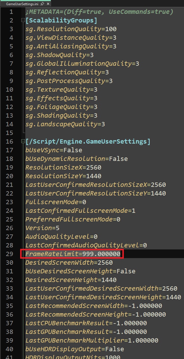 A screenshot of a configuration file, 'GameUserSettings.ini,' shows settings like 'ResolutionQuality=100', 'FrameRateLimit=999.000000', and 'ResolutionSizeX=2560', detailing various quality and performance options for a game.