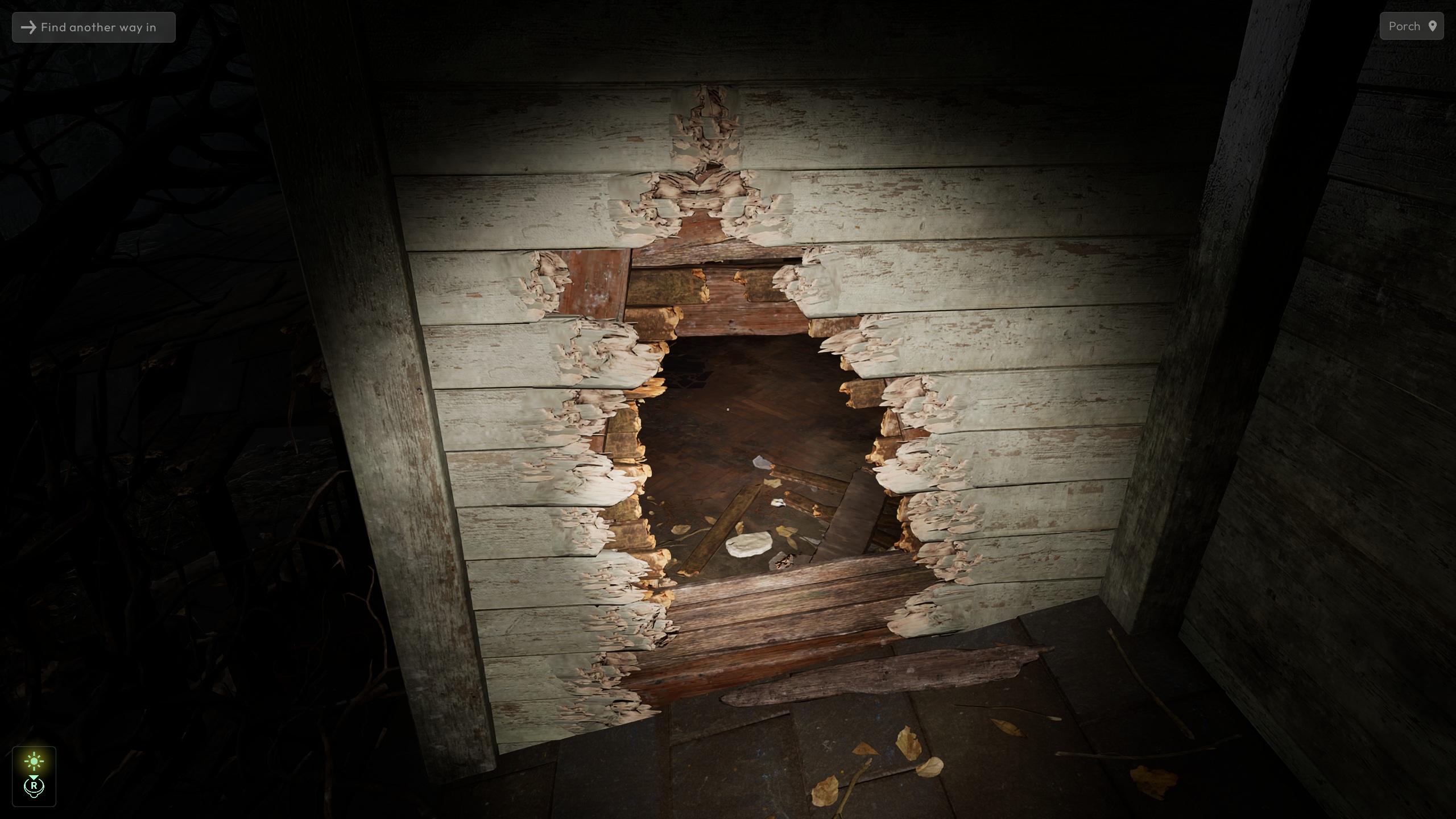 A screenshot from the game 'Alan Wake 2' shows a broken wall in a dimly lit area with the prompt 'Find another way in' displayed.