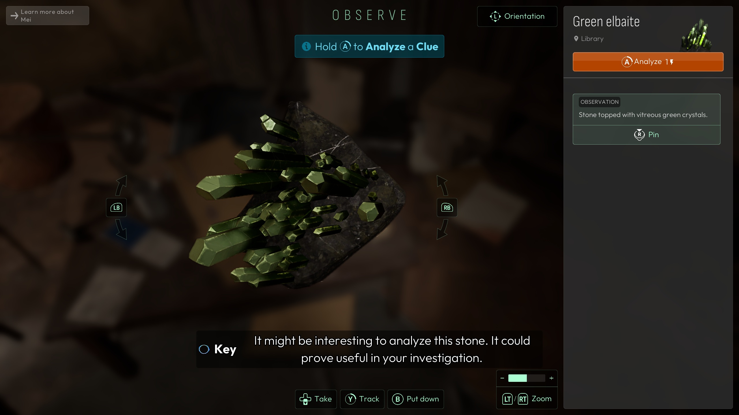 In a game interface, a green crystal labeled Green elbaite is displayed for analysis with options to 'Hold A to Analyze a Clue' and 'Analyze 1' highlighted.