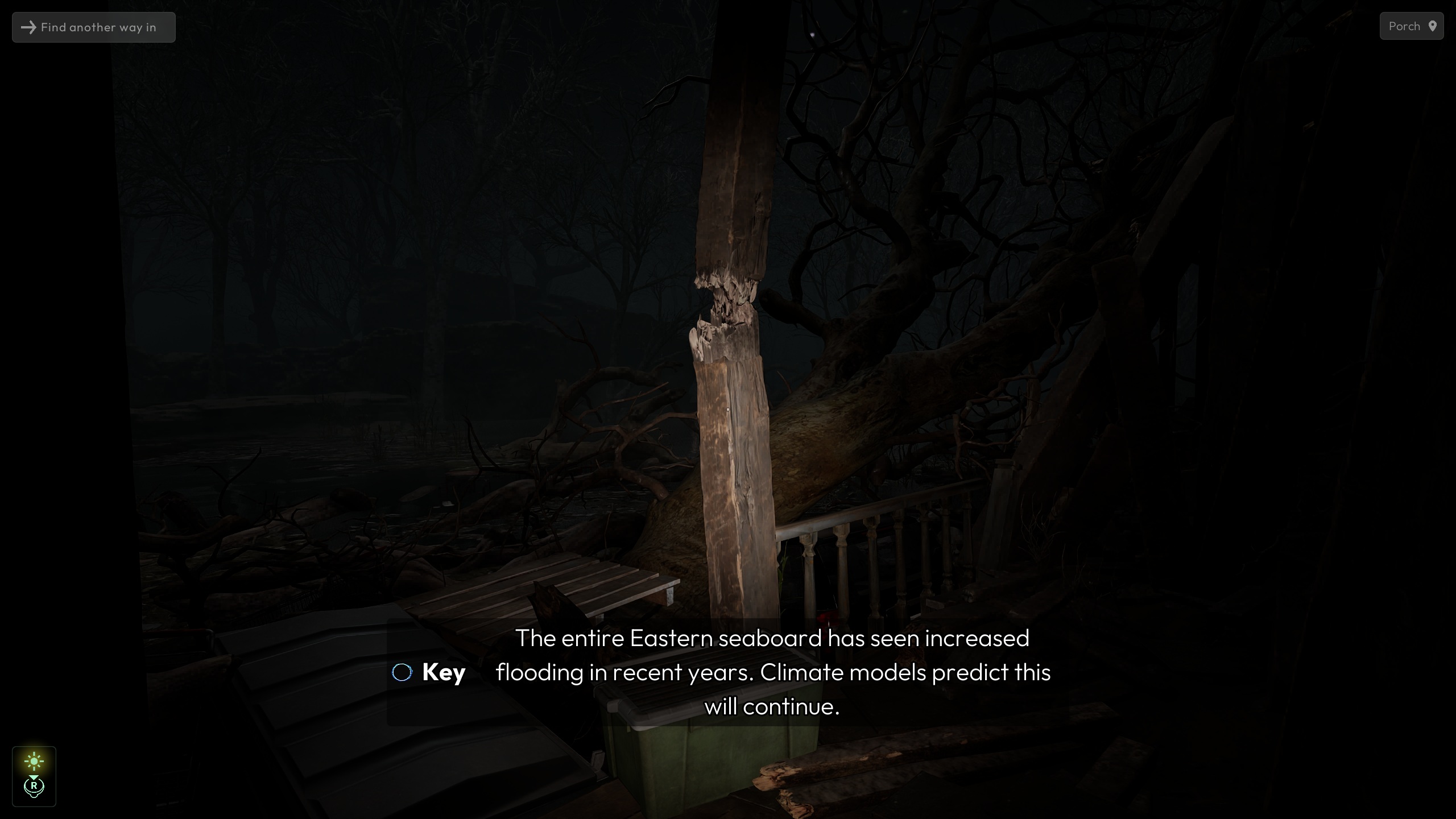 A scene from a video game shows a dark, eerie forest with a decayed structure and on-screen text, The entire Eastern seaboard has seen increased flooding in recent years. Climate models predict this will continue, with an option highlighted as 'Key.'