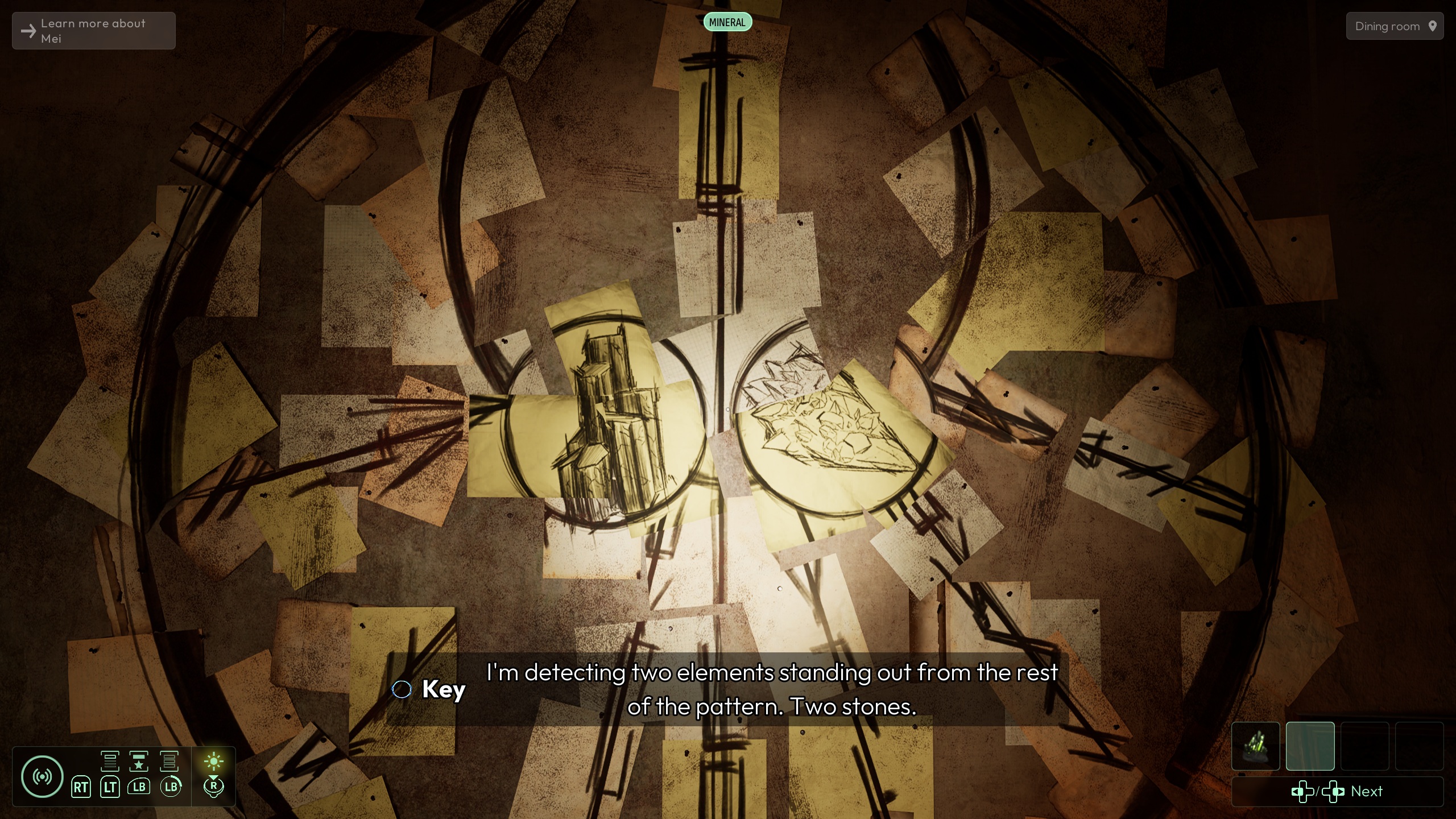 A mysterious puzzle interface in a game shows a circular pattern with sketches and the text 'I'm detecting two elements standing out from the rest of the pattern. Two stones.'
