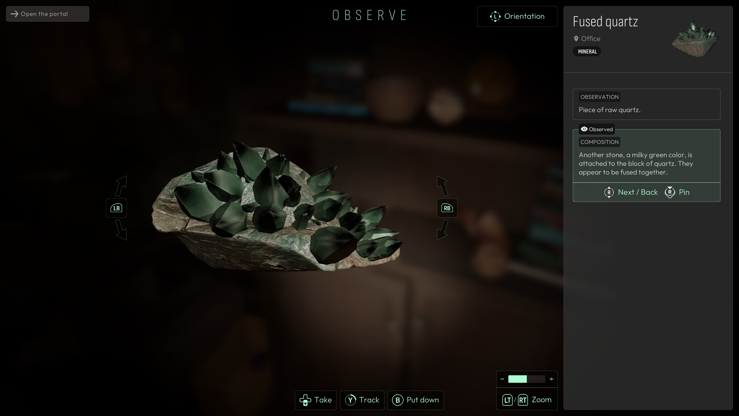 A fused quartz mineral is displayed in an observation interface with a description noting a milky green stone attached, labeled 'Fused quartz' with options to 'Take,' 'Track,' or 'Put down.'
