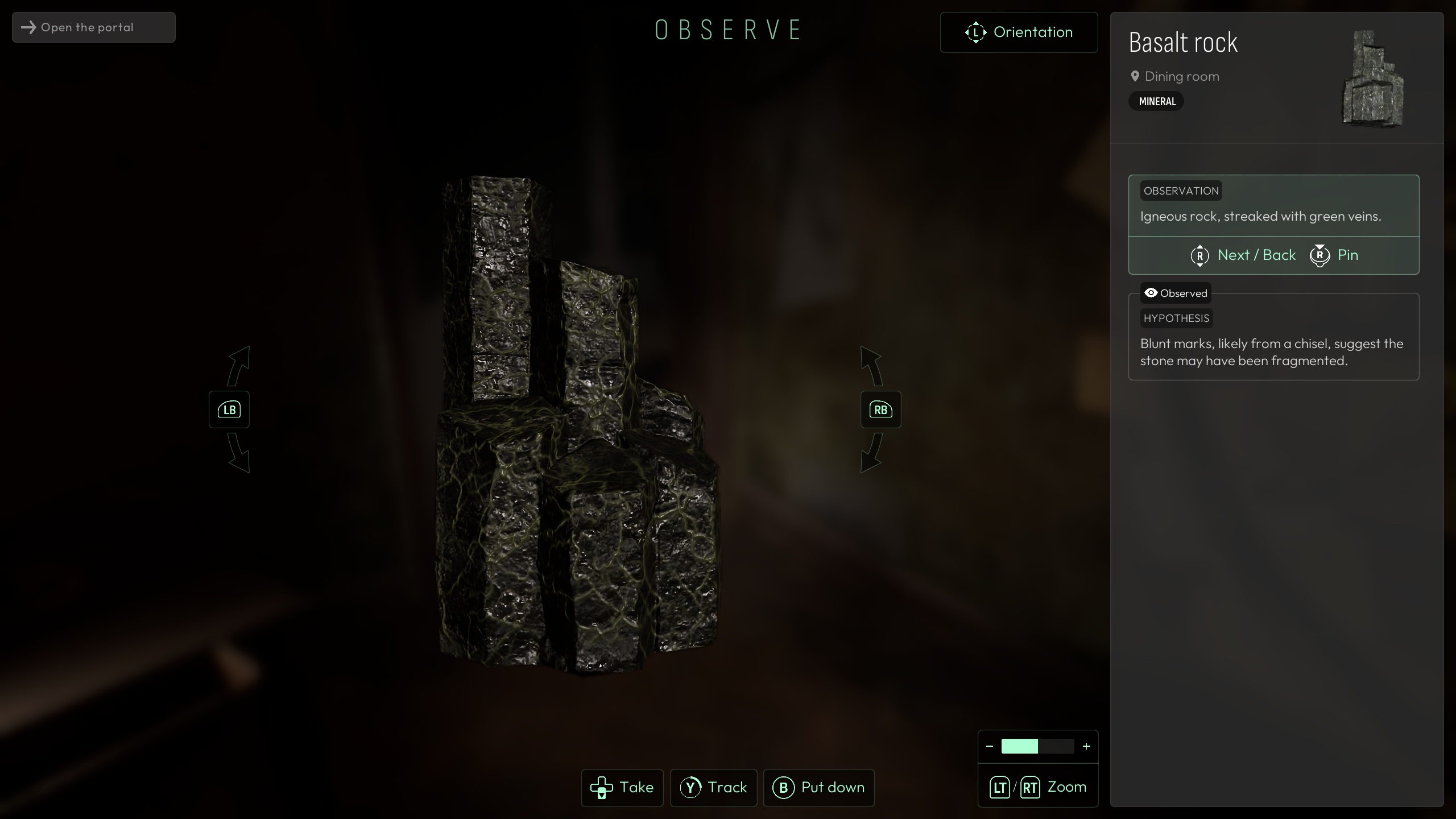 A video game screen displays a basalt rock with green veins labeled as a mineral in the dining room, accompanied by observations of igneous rock characteristics and a hypothesis about chisel marks.