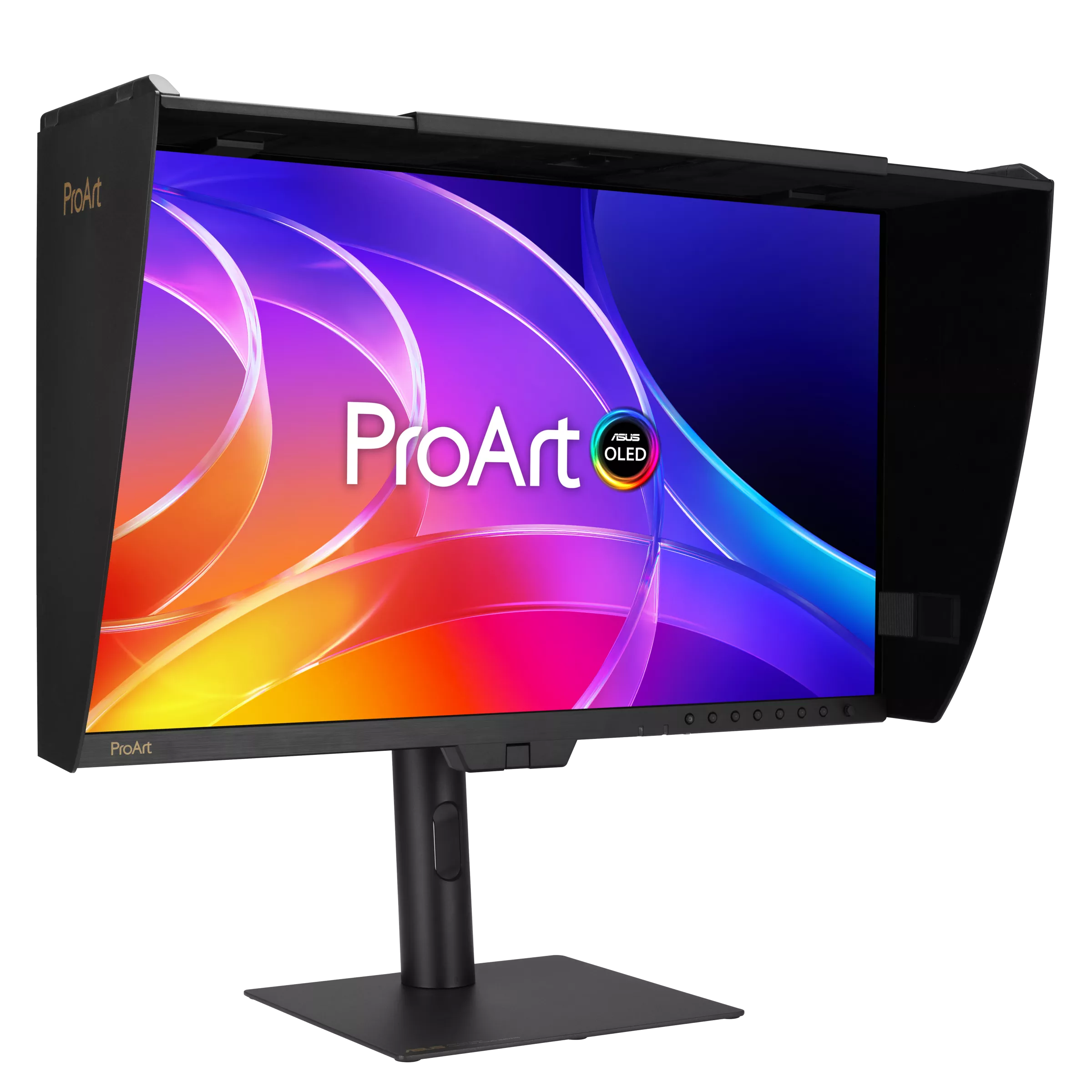 An ASUS ProArt monitor displaying a vibrant screen with the text 'ProArt ASUS OLED' on the display.