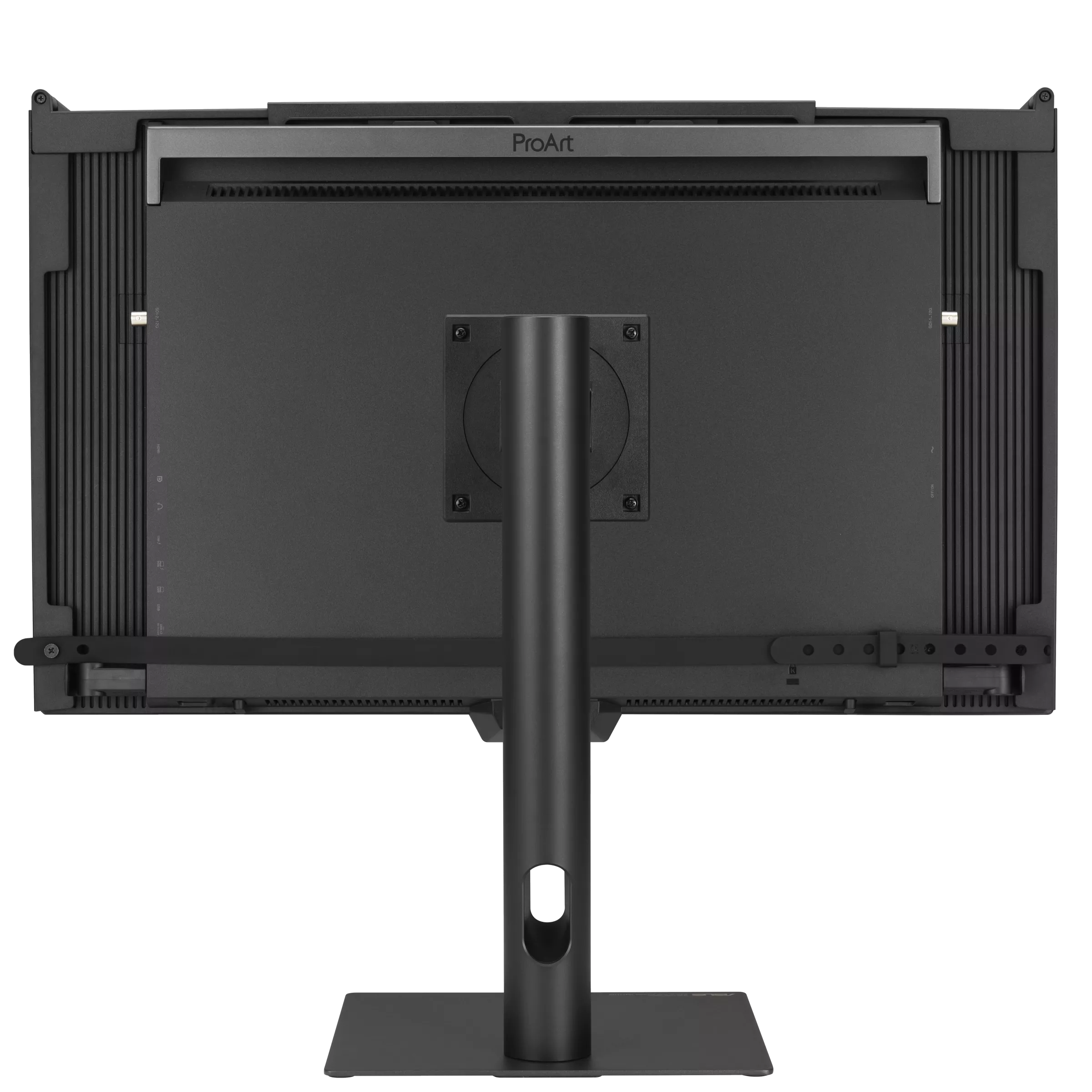 The back view of an ASUS ProArt display with a central stand and adjustable mount mechanisms visible.