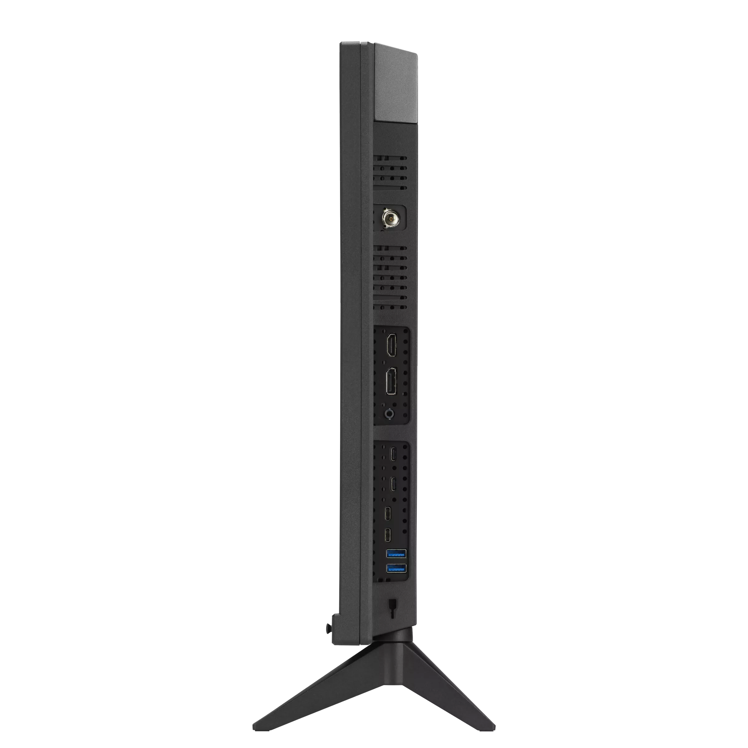 The side profile of an unbranded slim desktop device shows multiple ports including HDMI, USB, and network connections.