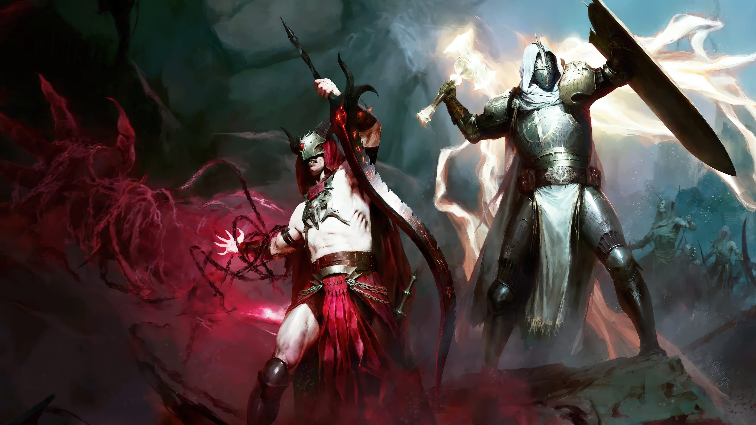 A fantasy warrior and a knight stand side by side, wielding weapons and magic in a mystical landscape, from 'Diablo IV'.