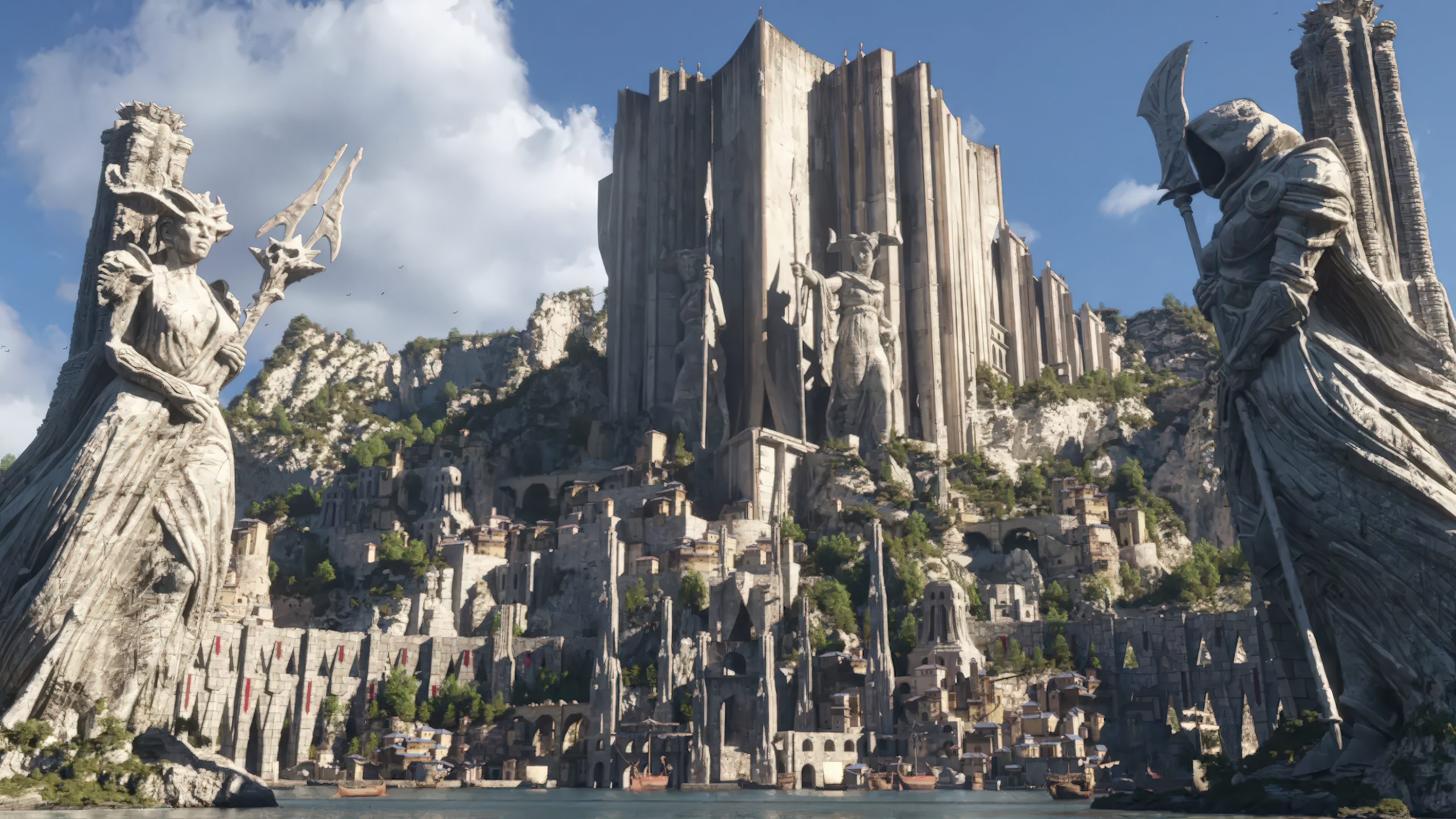 A fantasy game scene shows towering stone statues with medieval architecture built into a rocky cliffside, surrounded by a large body of water.
