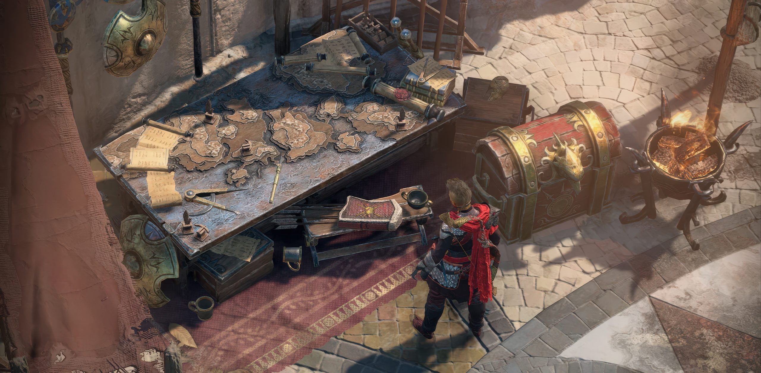A character in 'Diablo IV' examines a detailed map on a table next to a treasure chest and a burning brazier.