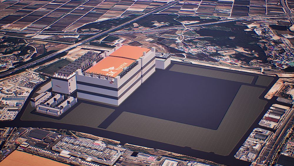 An aerial view of the SK hynix semiconductor facility with the SK hynix logo prominently displayed on the roof.