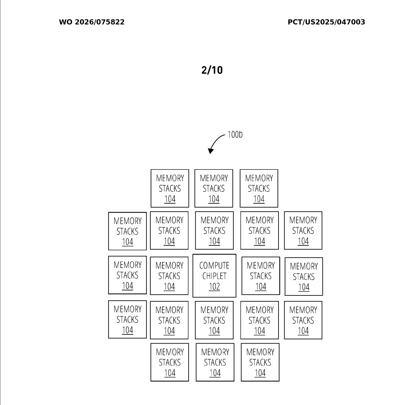A schematic diagram labeled 'WO 2026/075822' and 'PCT/US2025/047003' shows an arrangement of 'MEMORY STACKS 104' centered around a 'COMPUTE CHIPLET 102'.
