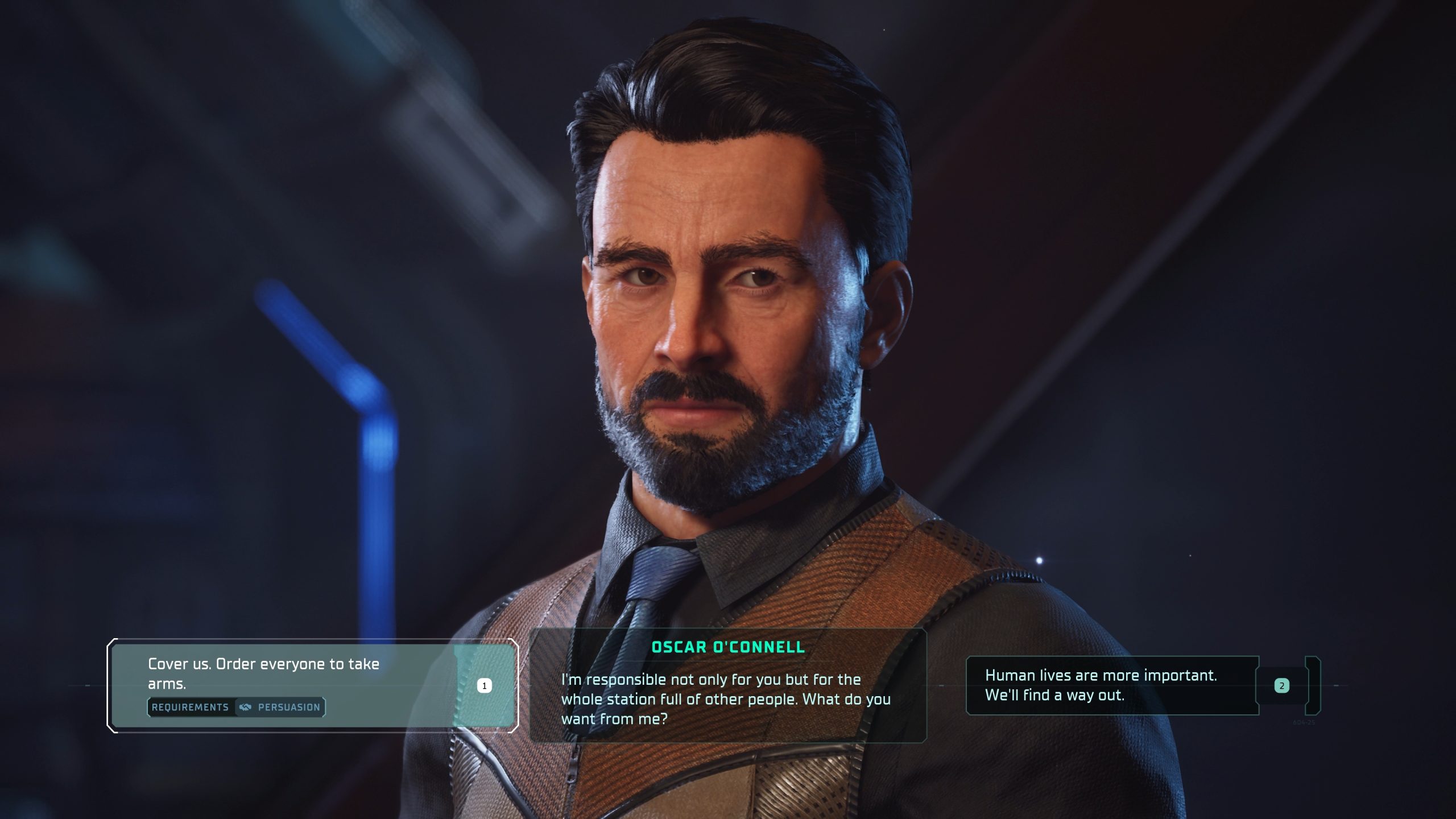 A dialogue scene in the game The Expanse: Osiris Reborn featuring the character Oscar O'Connell discussing responsibilities on a space station.