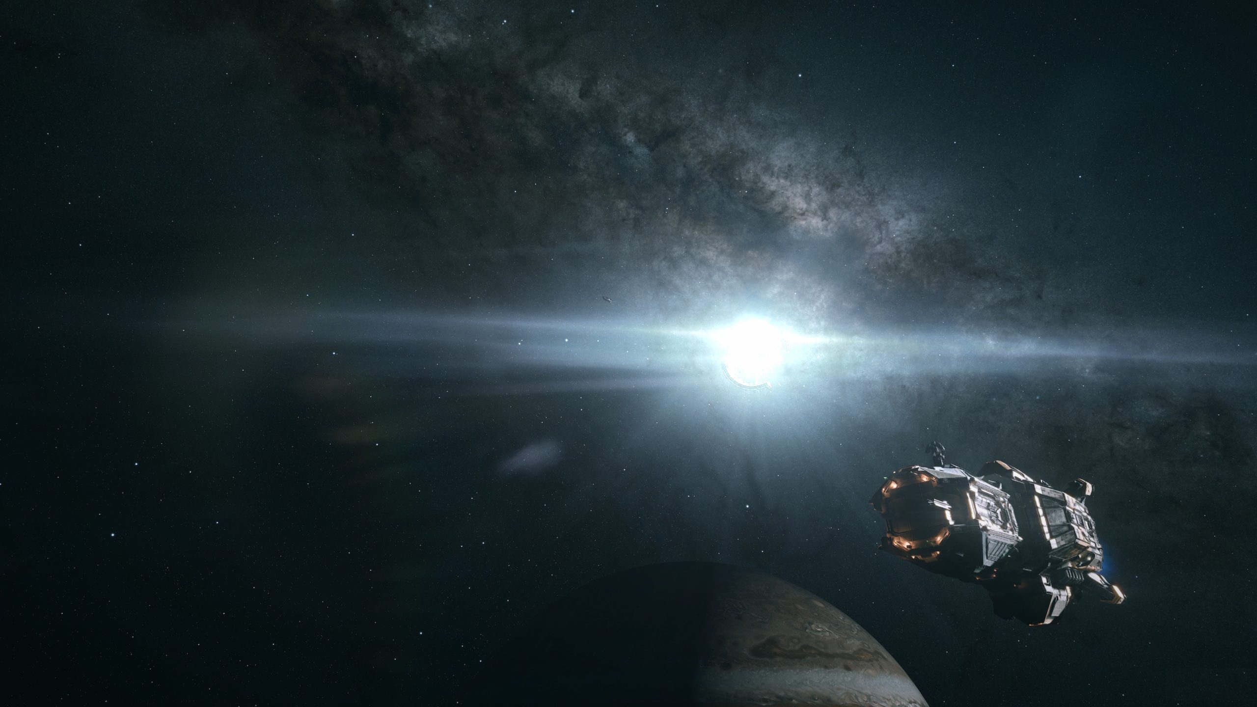 A spaceship is flying near a glowing star with a planet visible below in a space-themed video game environment.