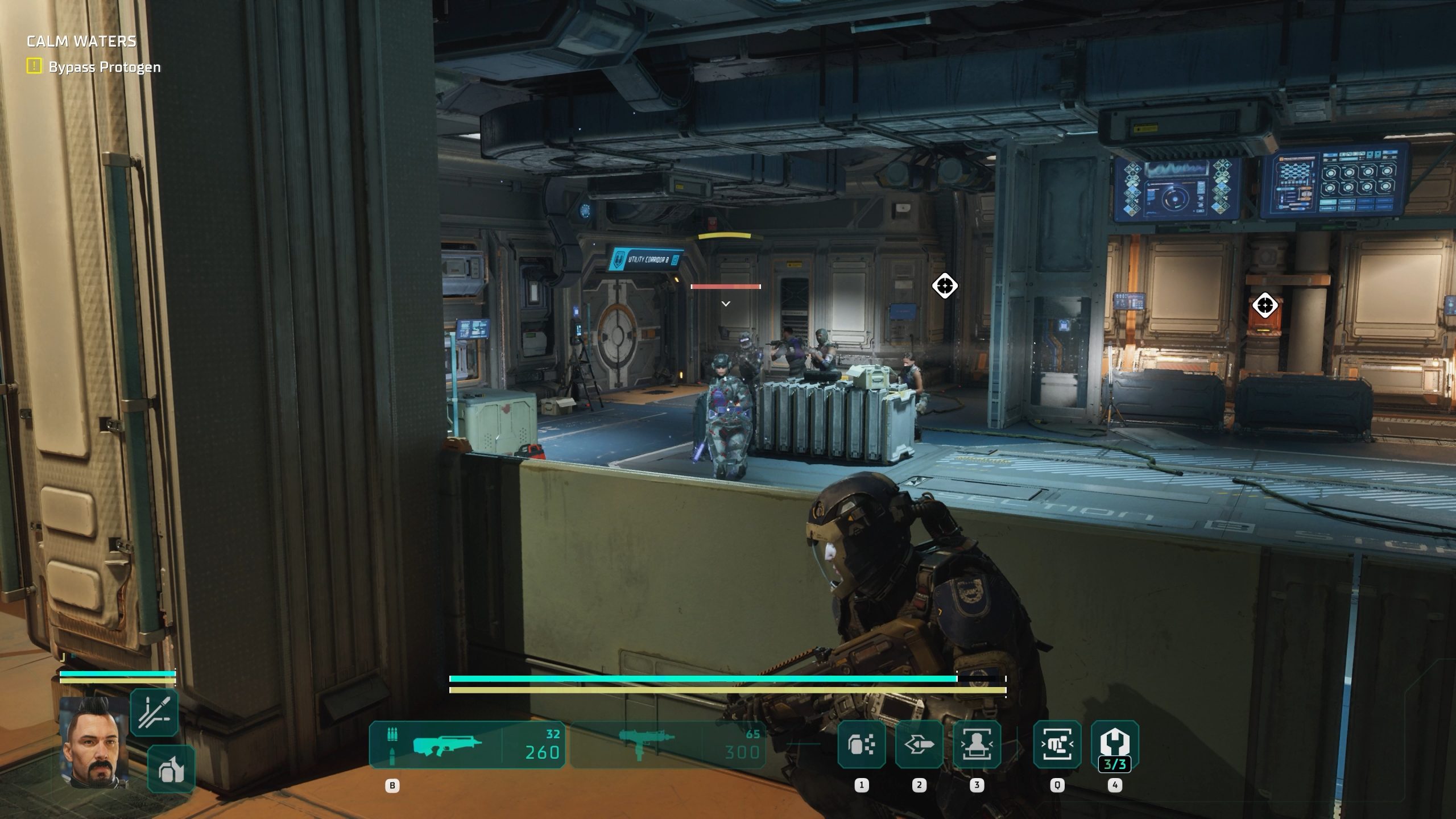 A soldier in tactical gear takes cover behind a barrier while aiming at an enemy in a sci-fi environment, with the interface showing 'Calm Waters' and a weapon selection menu.