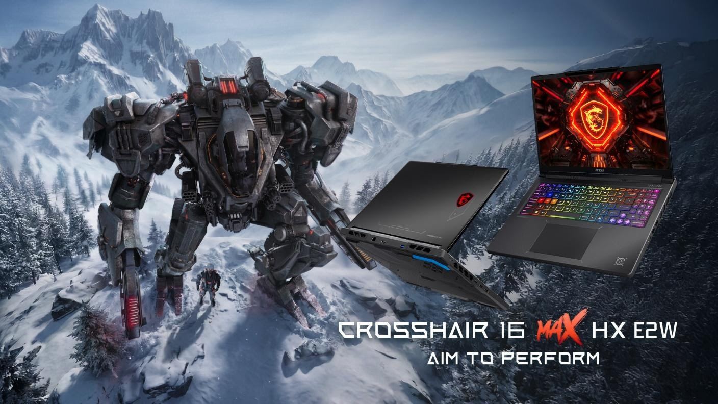 MSI Crosshair 16 Max HX E2W laptop with a rainbow backlit keyboard displayed in front of a mechanical robot in a snowy mountain landscape, accompanied by the text 'Aim to Perform.'