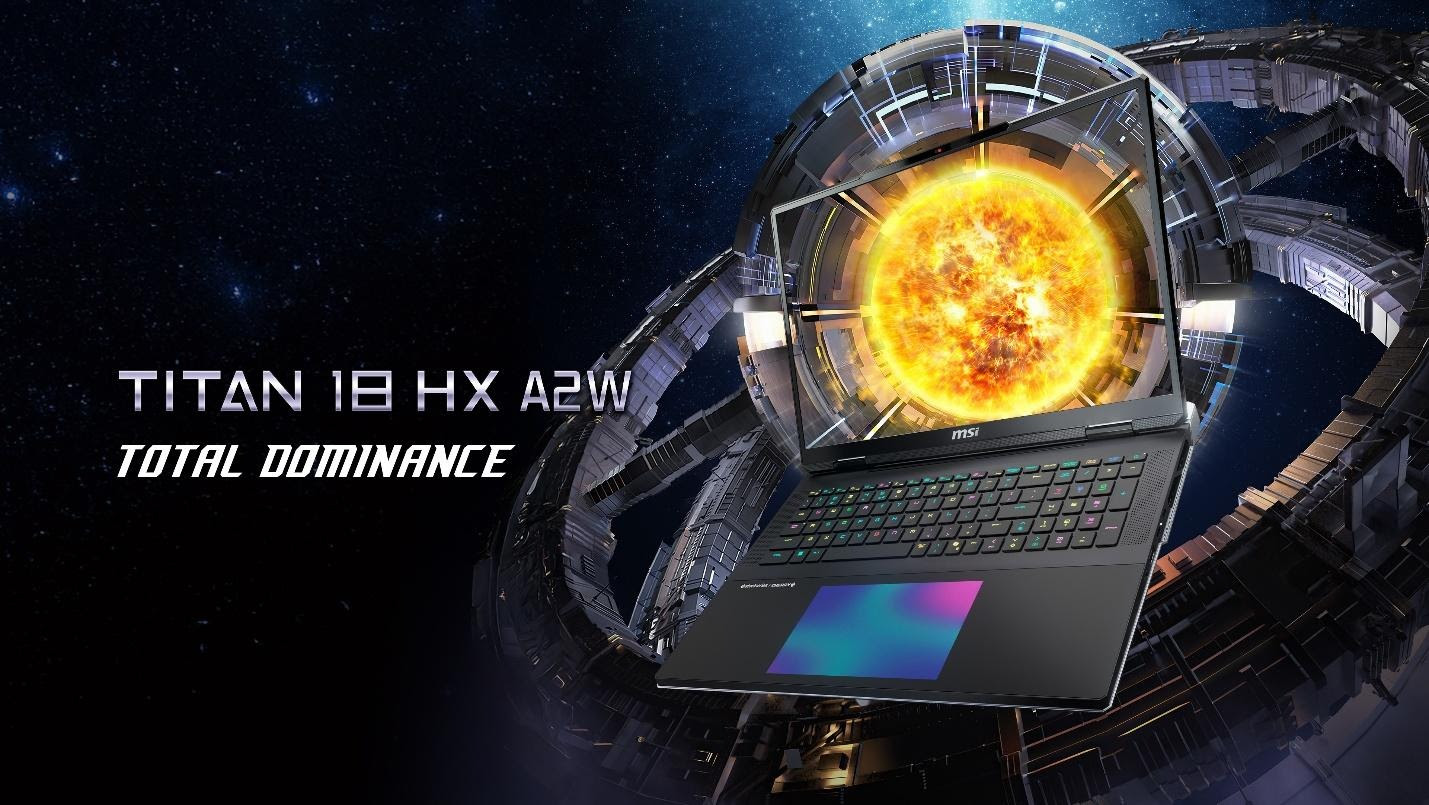 An MSI gaming laptop titled Titan 18 HX A2W is displayed against a cosmic background with the text Total Dominance alongside.