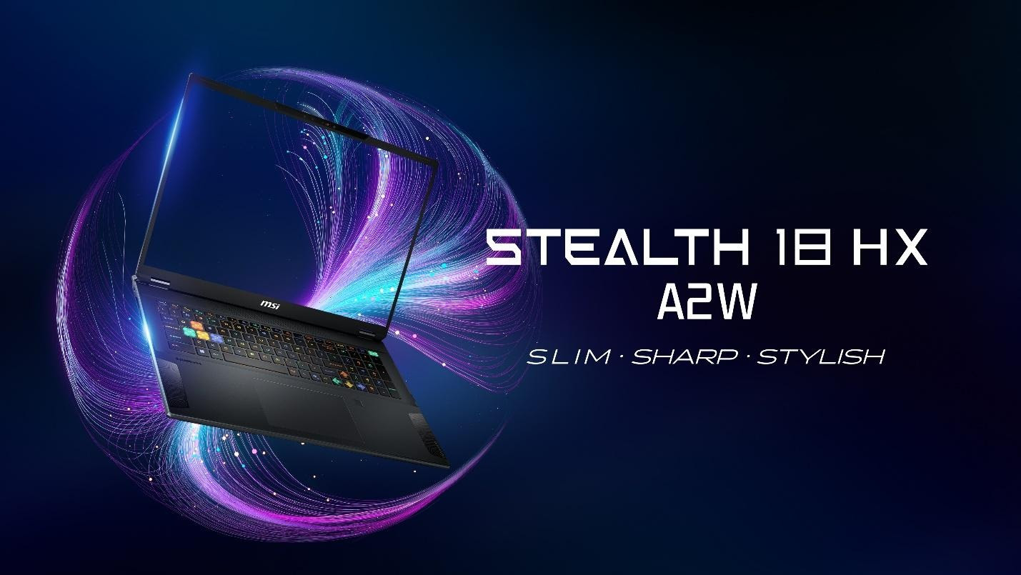 MSI Stealth 18 HX A2W laptop with a colorful backlit keyboard is displayed against a swirling blue and purple background, accompanied by the text 'SLIM • SHARP • STYLISH'.